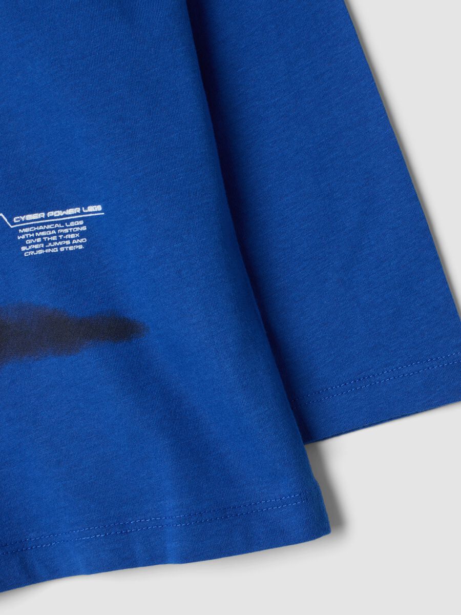 T-shirt blu girocollo in puro cotone organico con stampa dinosauro_3