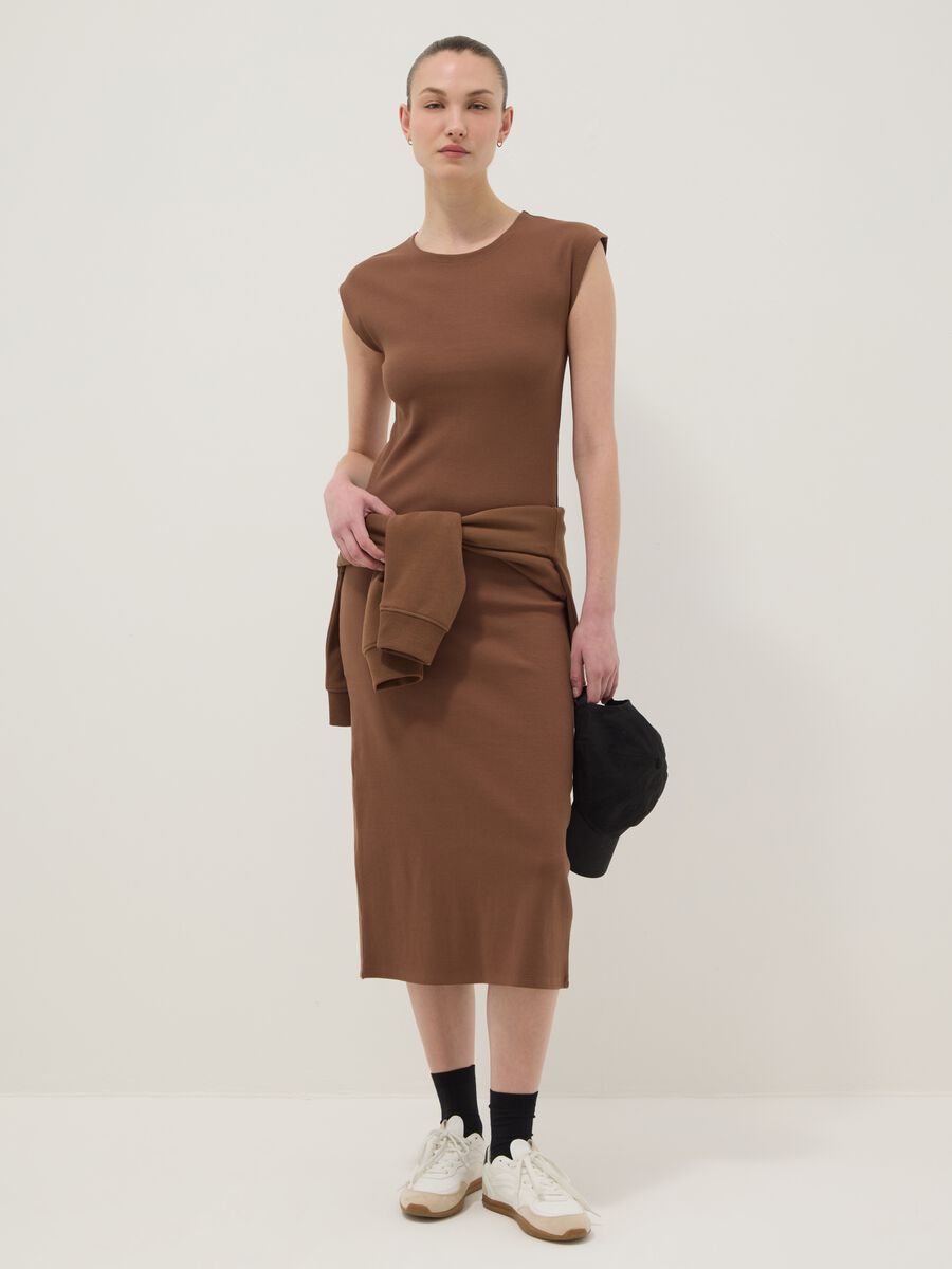 Brown sleeveless fitted dress in stretch cotton_1