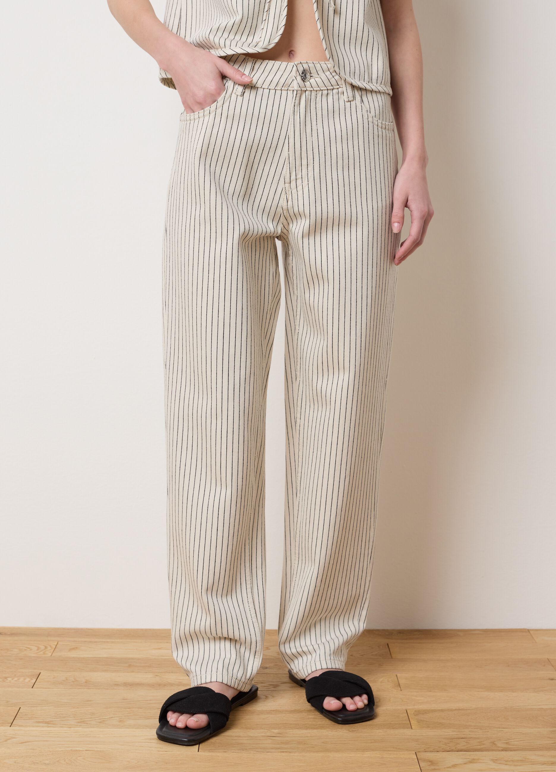 Carrot fit pinstripe jeans.