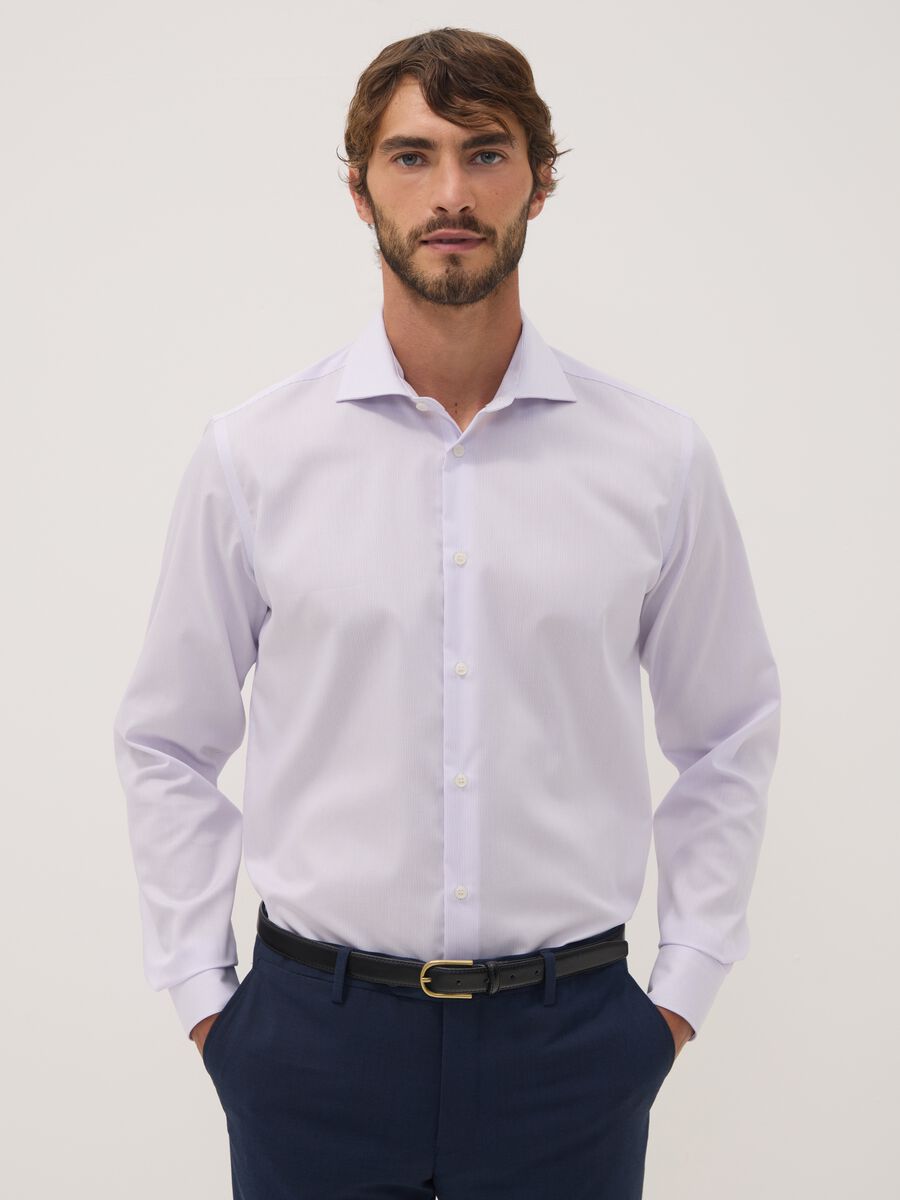 Camicia bianca a righe in puro cotone con collo francese slim fit no iron_0