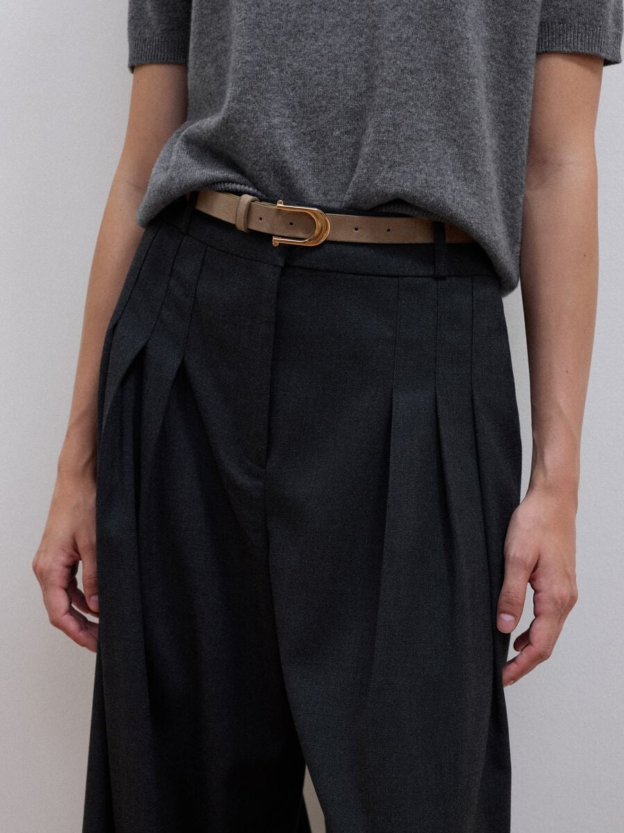 Grey wide-leg formal trousers in stretch viscose with belt_3