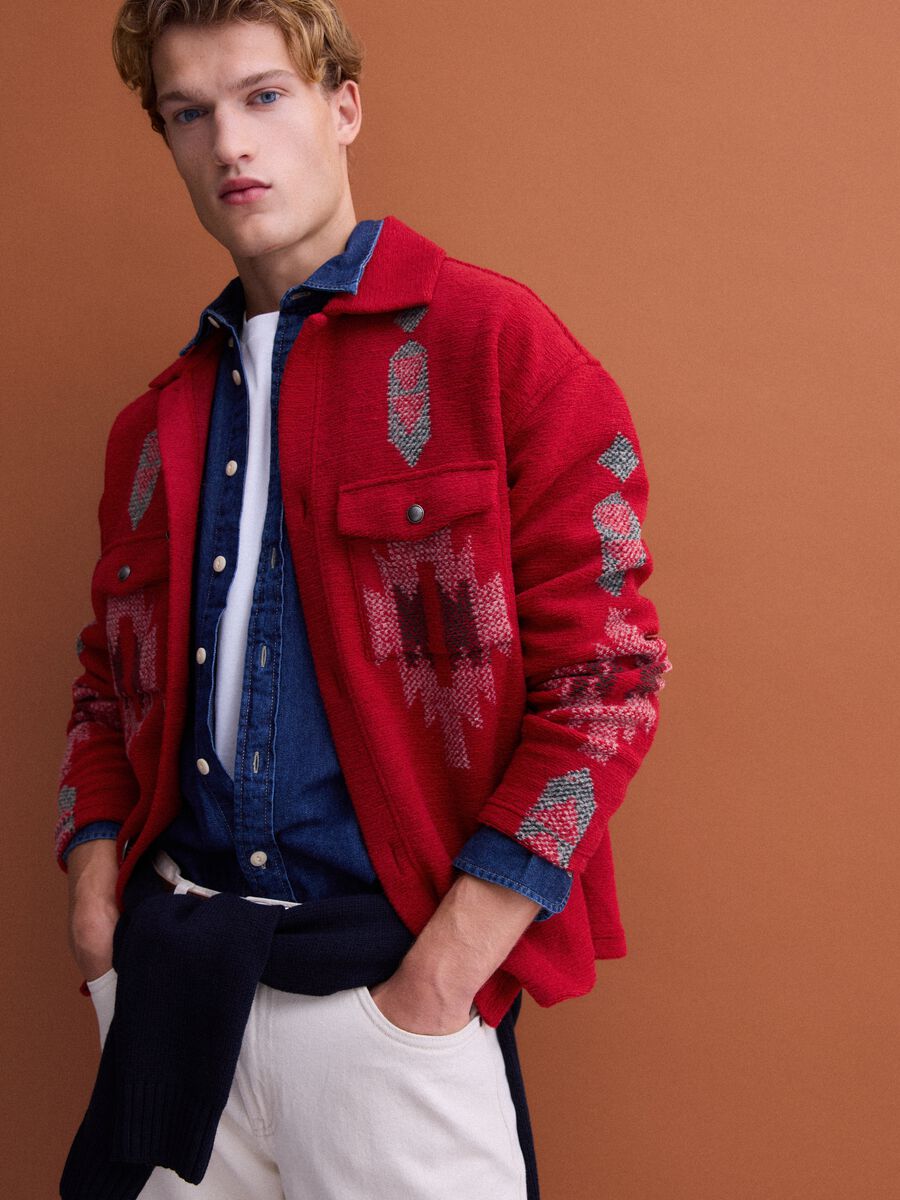 Shacket rossa regular fit con fantasia jacquard_0