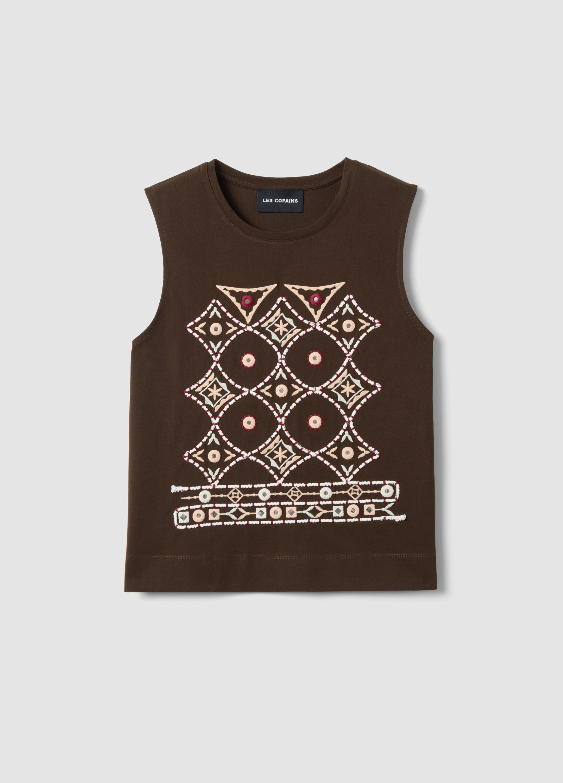 Brown pure cotton regular fit tank top with embroidery