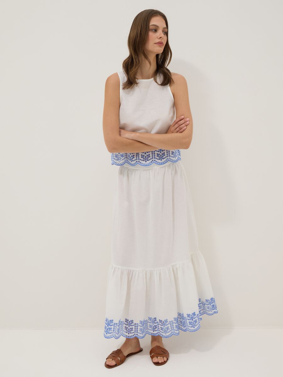 White cotton-linen blend skirt with embroidery_0