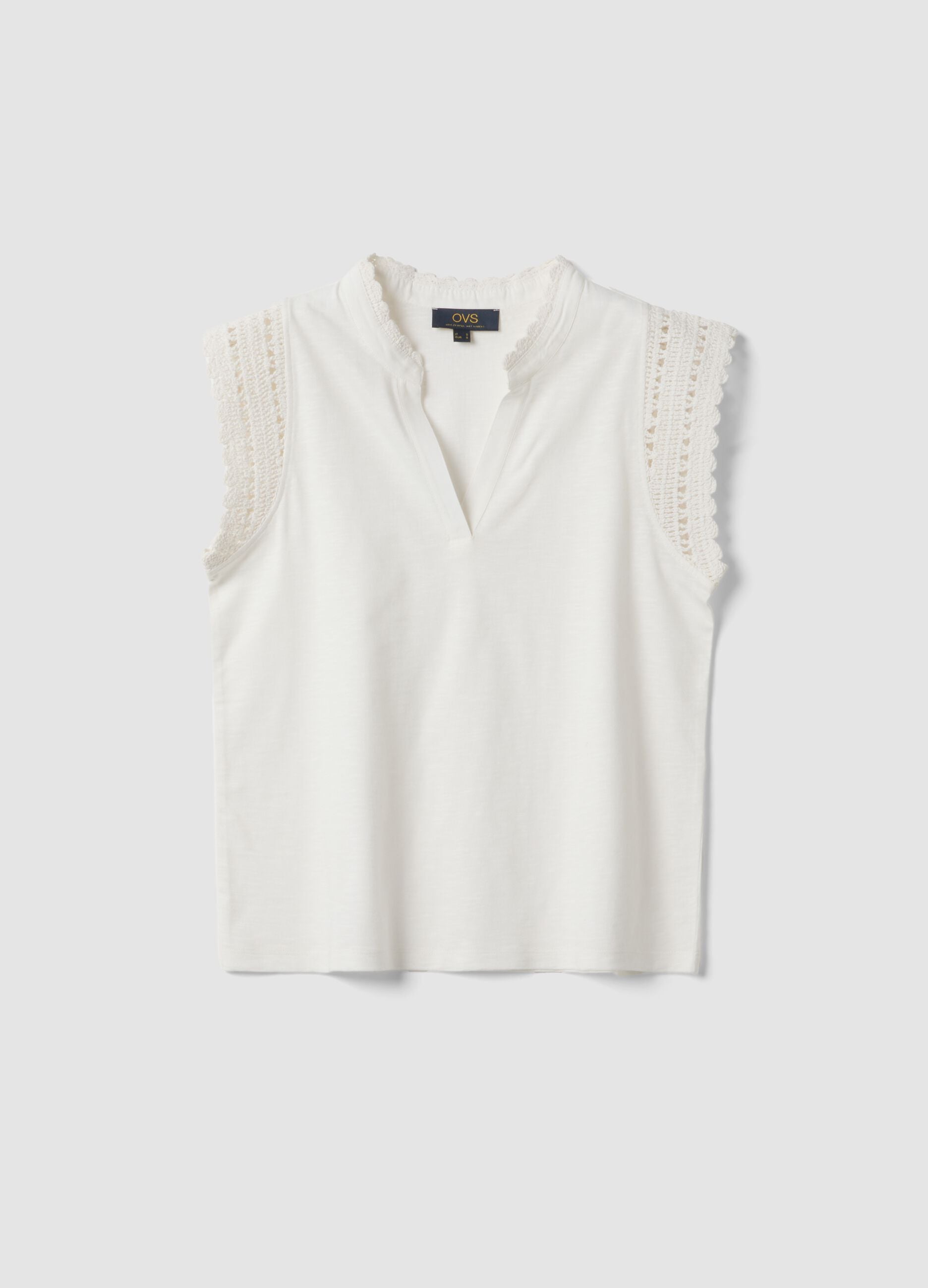 White pure cotton regular-fit top with crochet inserts