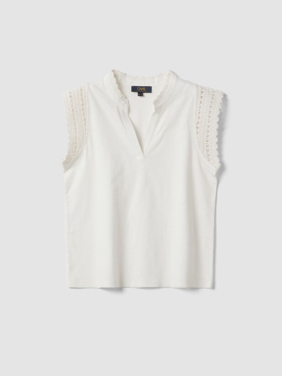 White pure cotton regular-fit top with crochet inserts_0