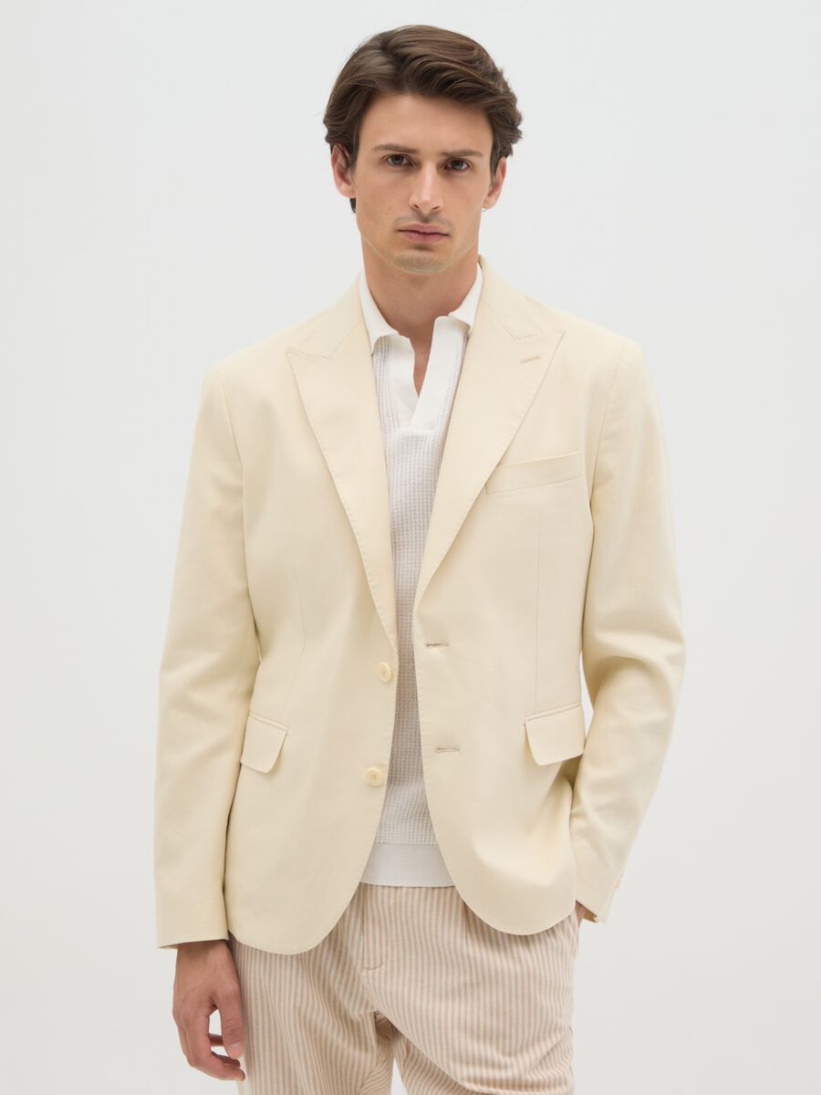Men's Beige Slim Fit Linen Blend Blazer with Buttons_0