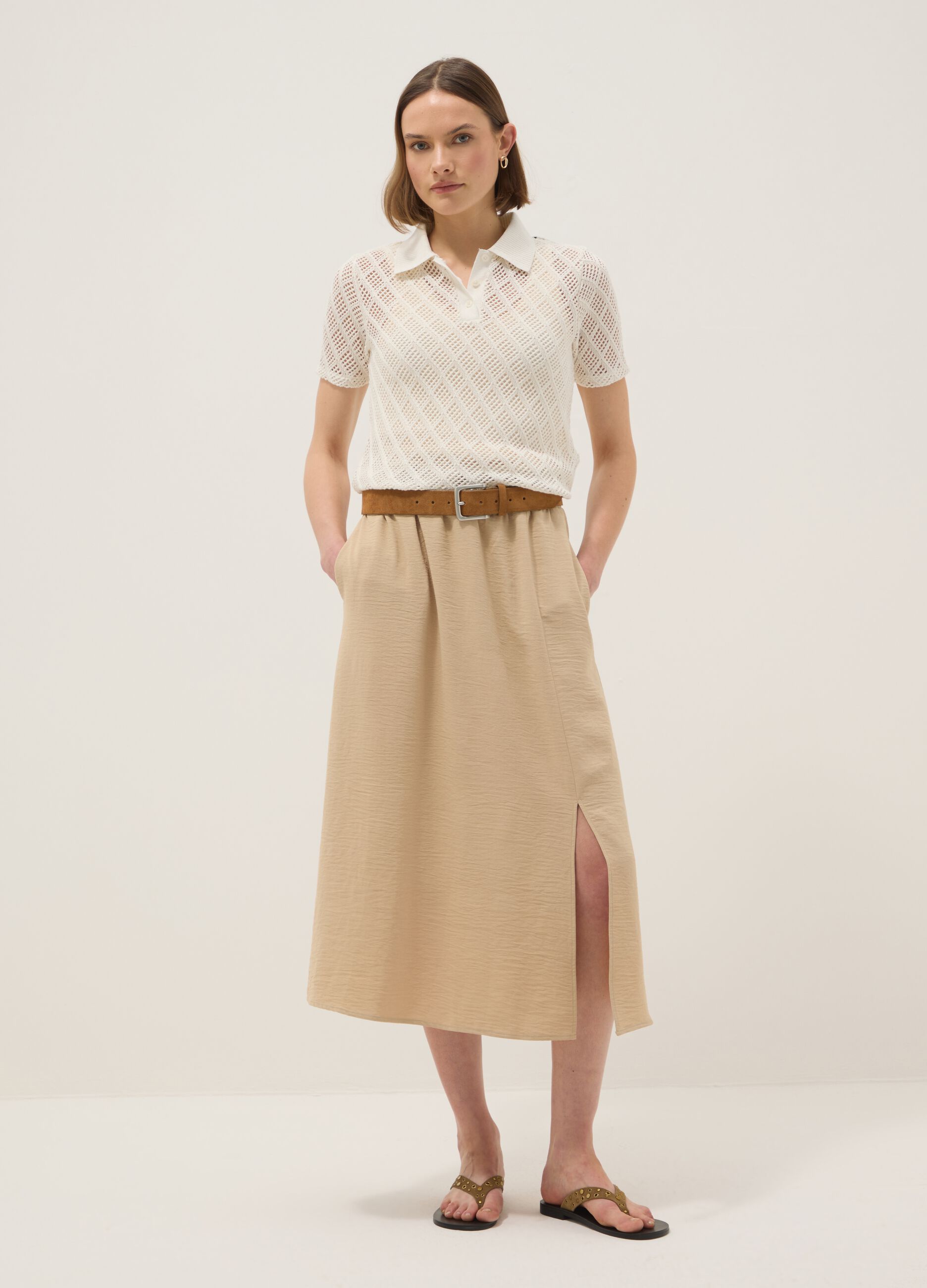 Beige long skirt, regular fit with elasticated waist and slit