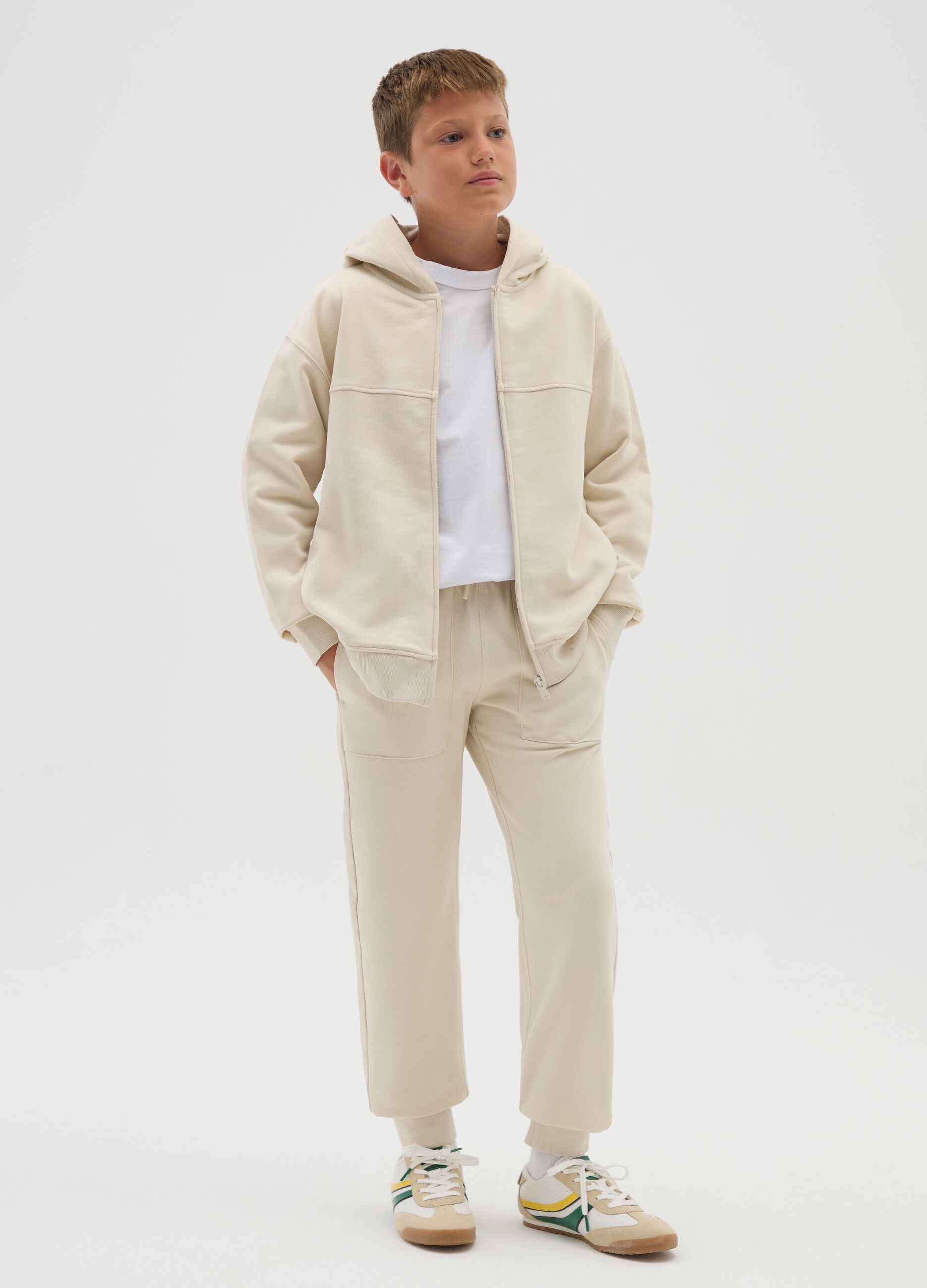 Boys' beige pure cotton regular fit jogger trousers