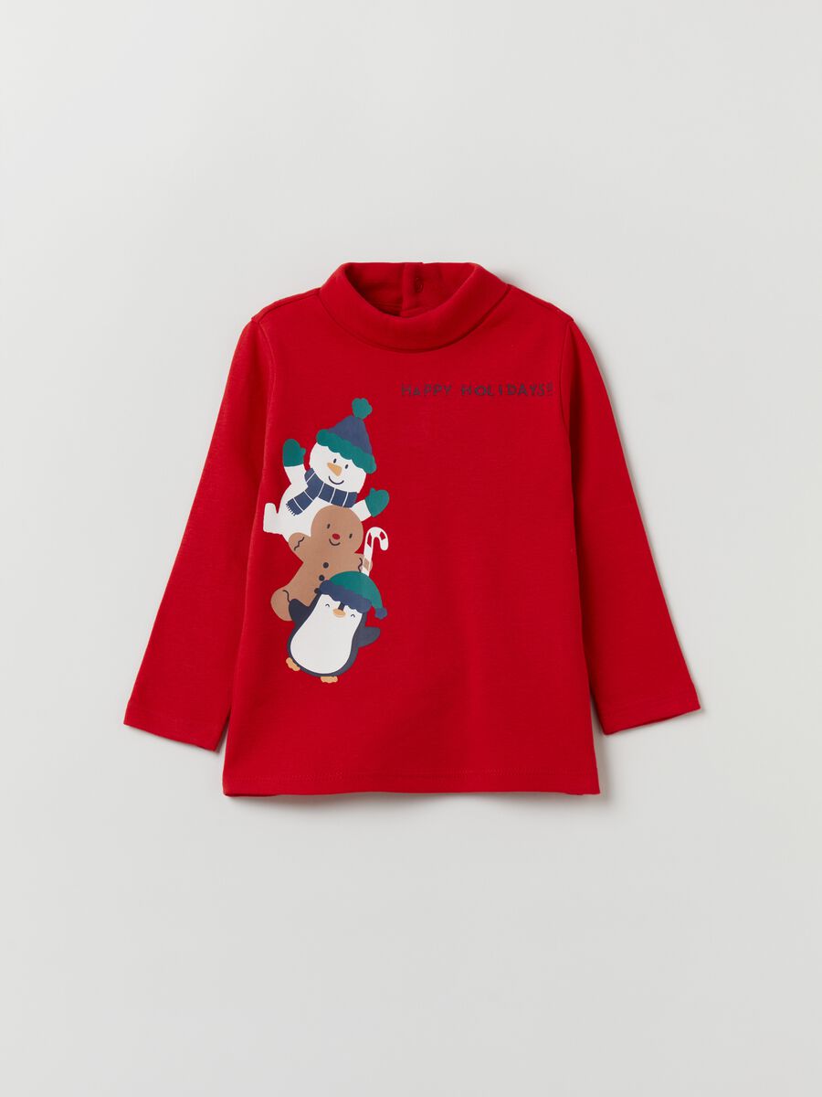 T-shirt a collo alto con stampa natalizia_0