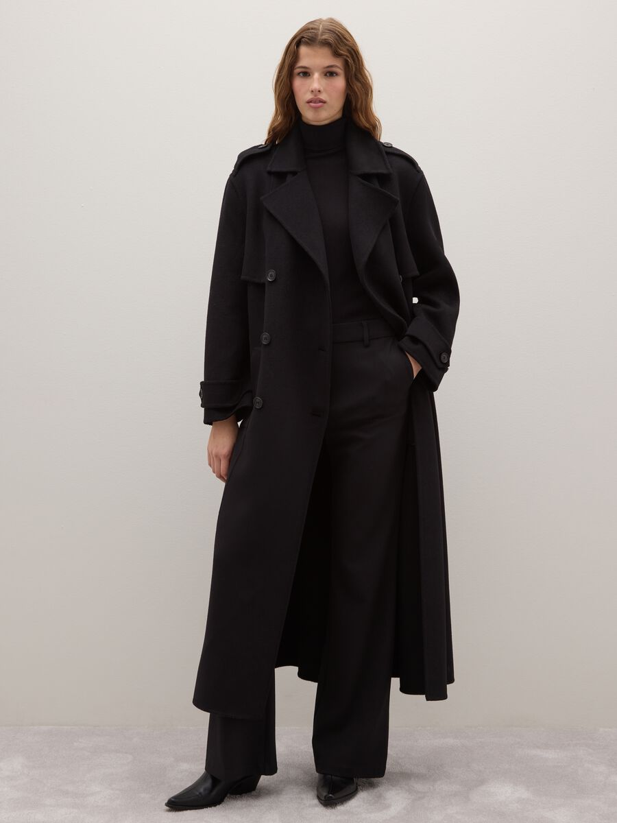 Long Black Wool Blend Coat in Regular Fit_2
