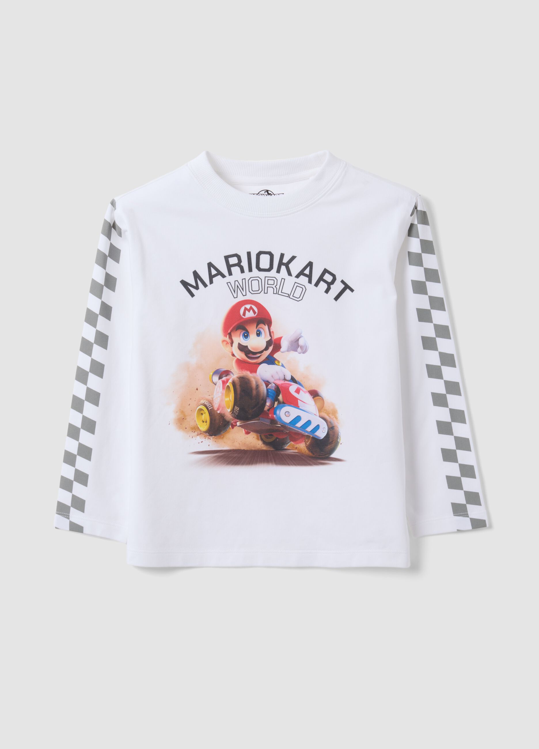 T-shirt bianca in cotone elasticizzato con stampa Mario Kart
