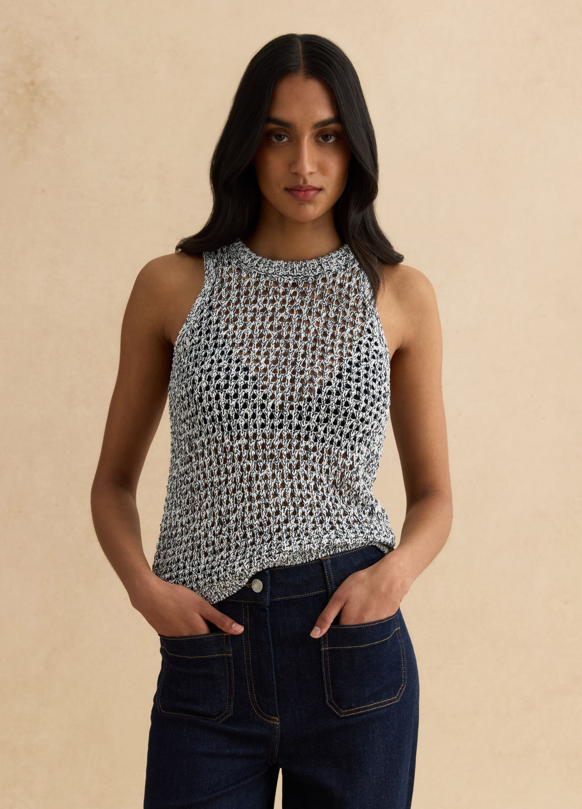 Multicolour cotton blend regular fit tank top with knitted design