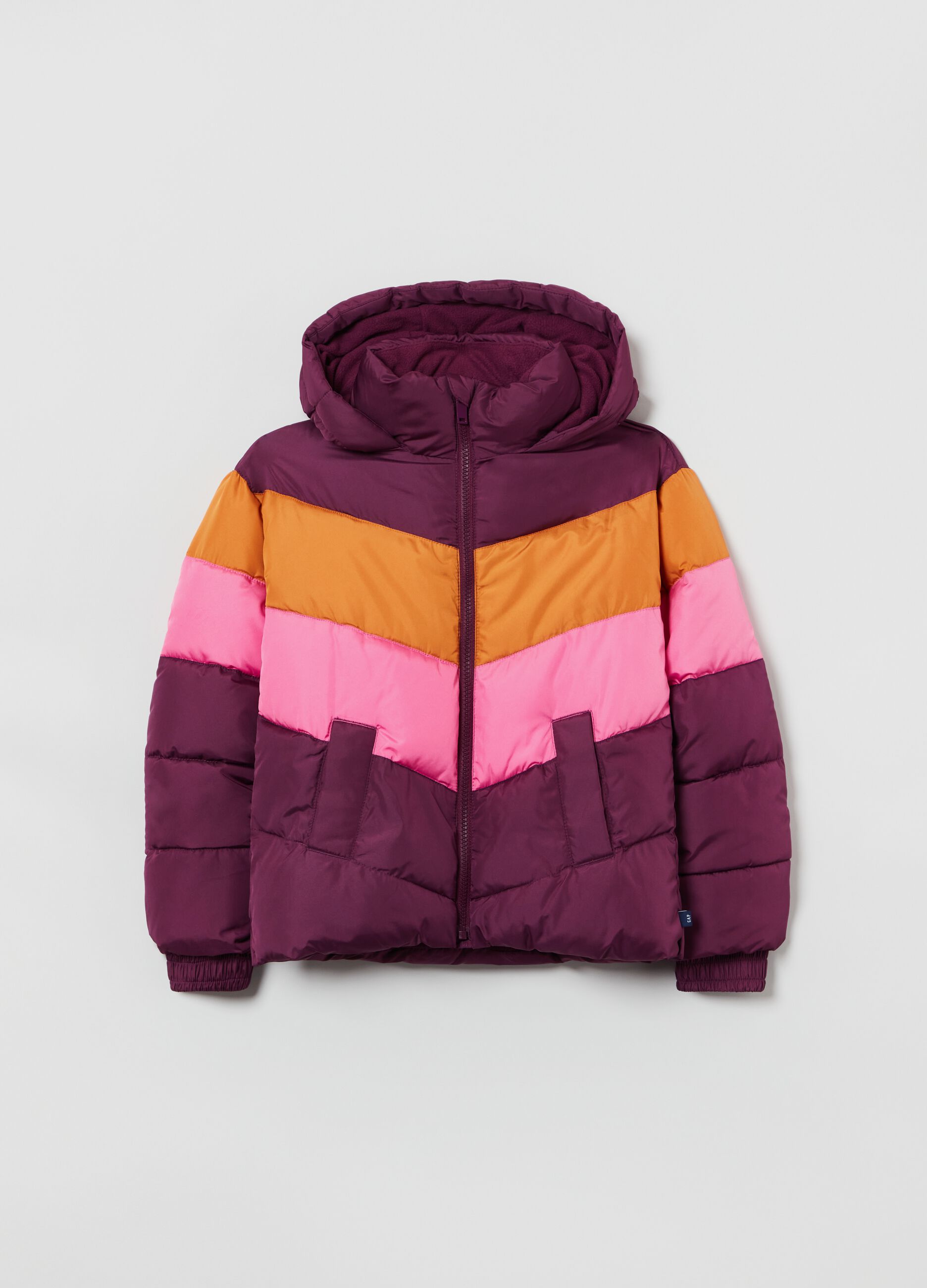 Full-zip color block puffer jacket with hood