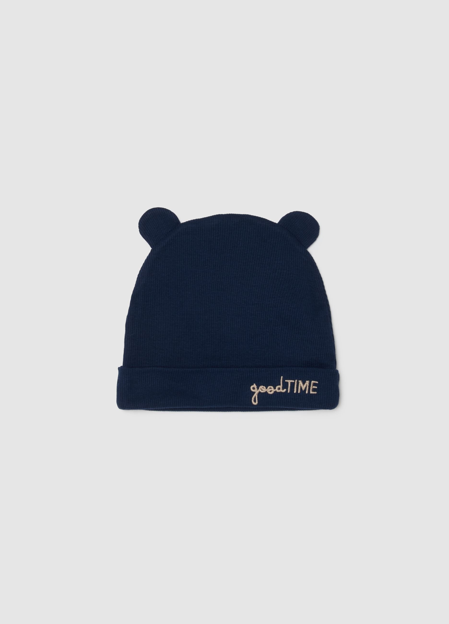 Blue baby beanie hat in stretchable cotton with ears