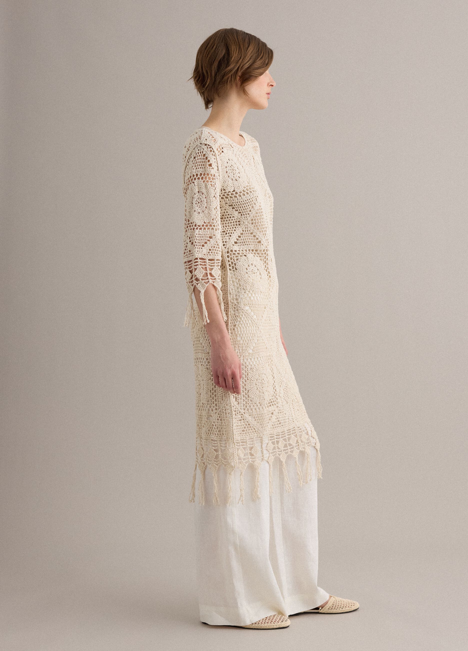Beige crochet dress in cotton-viscose blend, regular fit