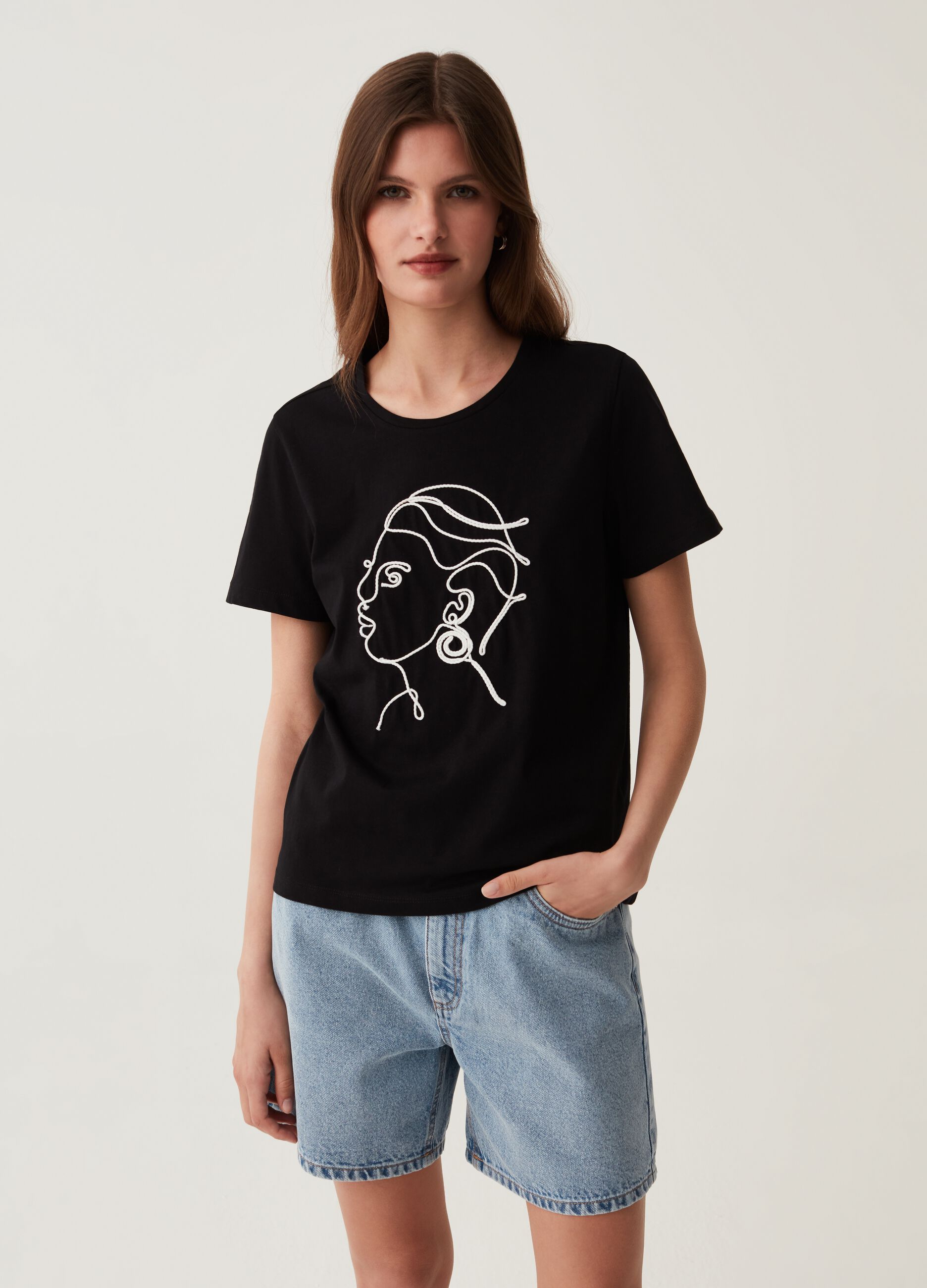 T-shirt in cotone con ricamo volto_0