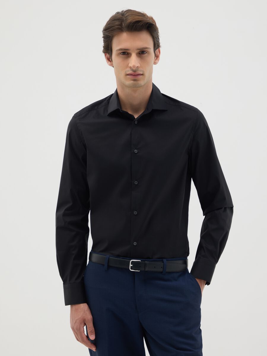 Men’s slim fit black cotton blend shirt_0