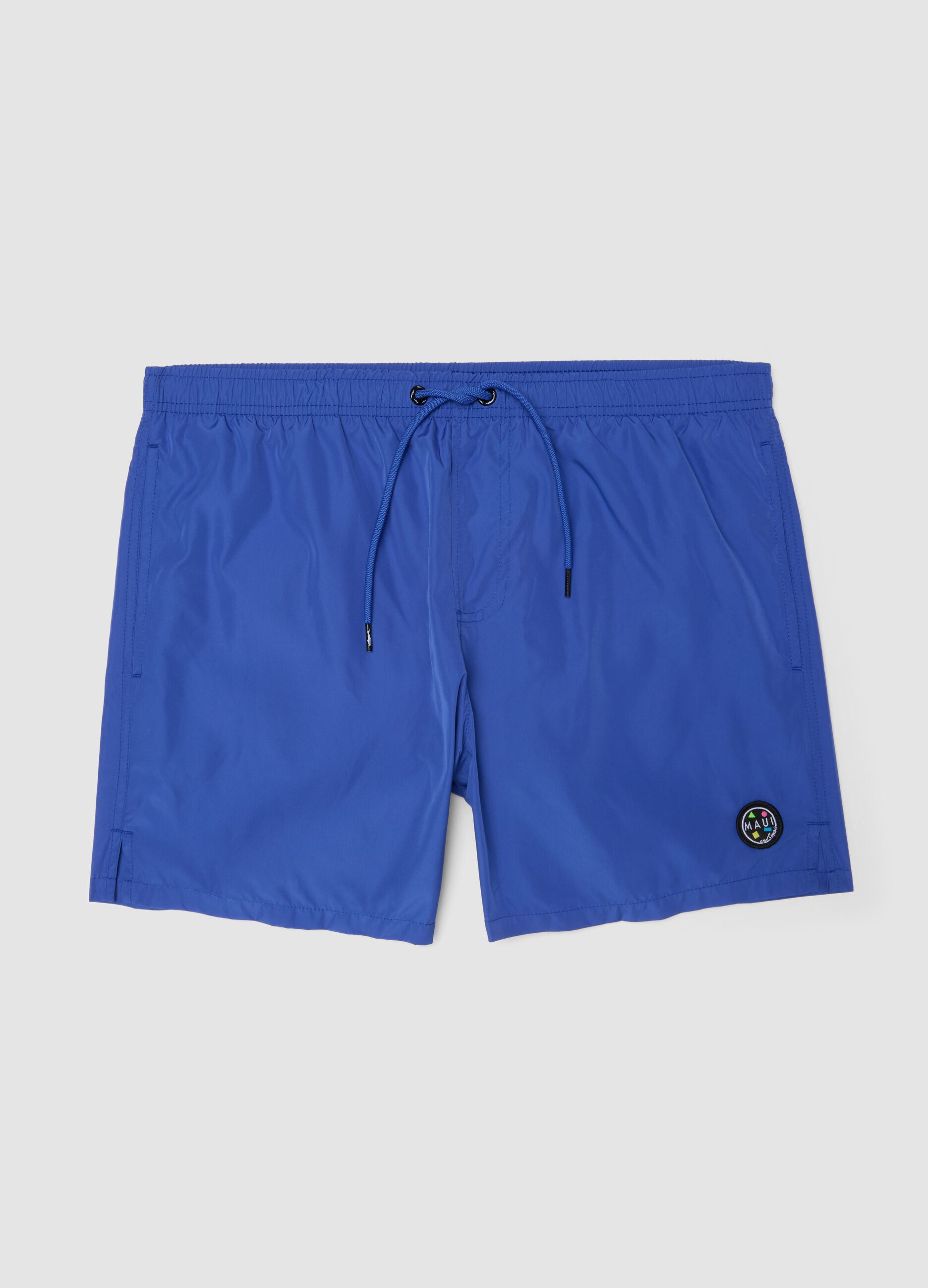 Blue swim shorts with elasticated waistband and drawstring