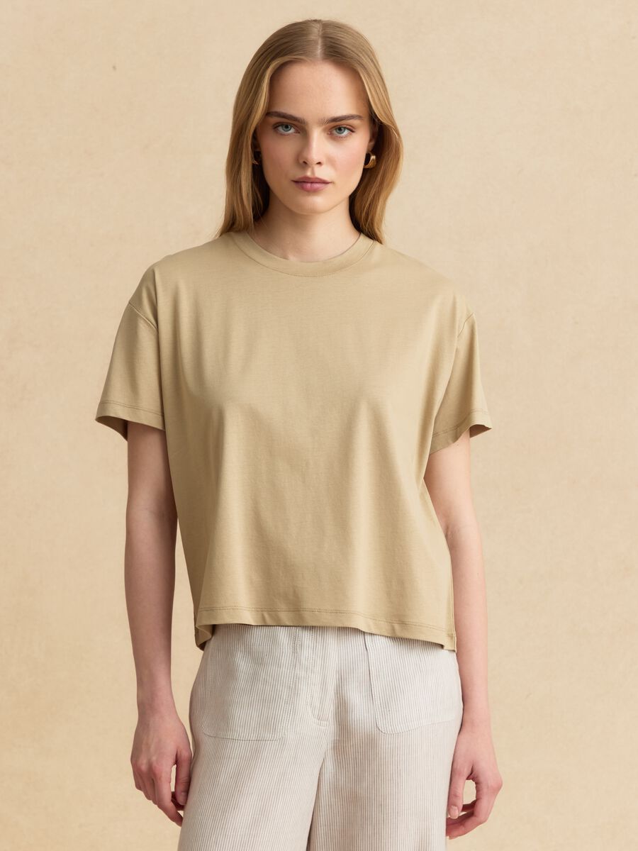 T-shirt a maniche corte beige in misto lyocell e cotone regular fit_1