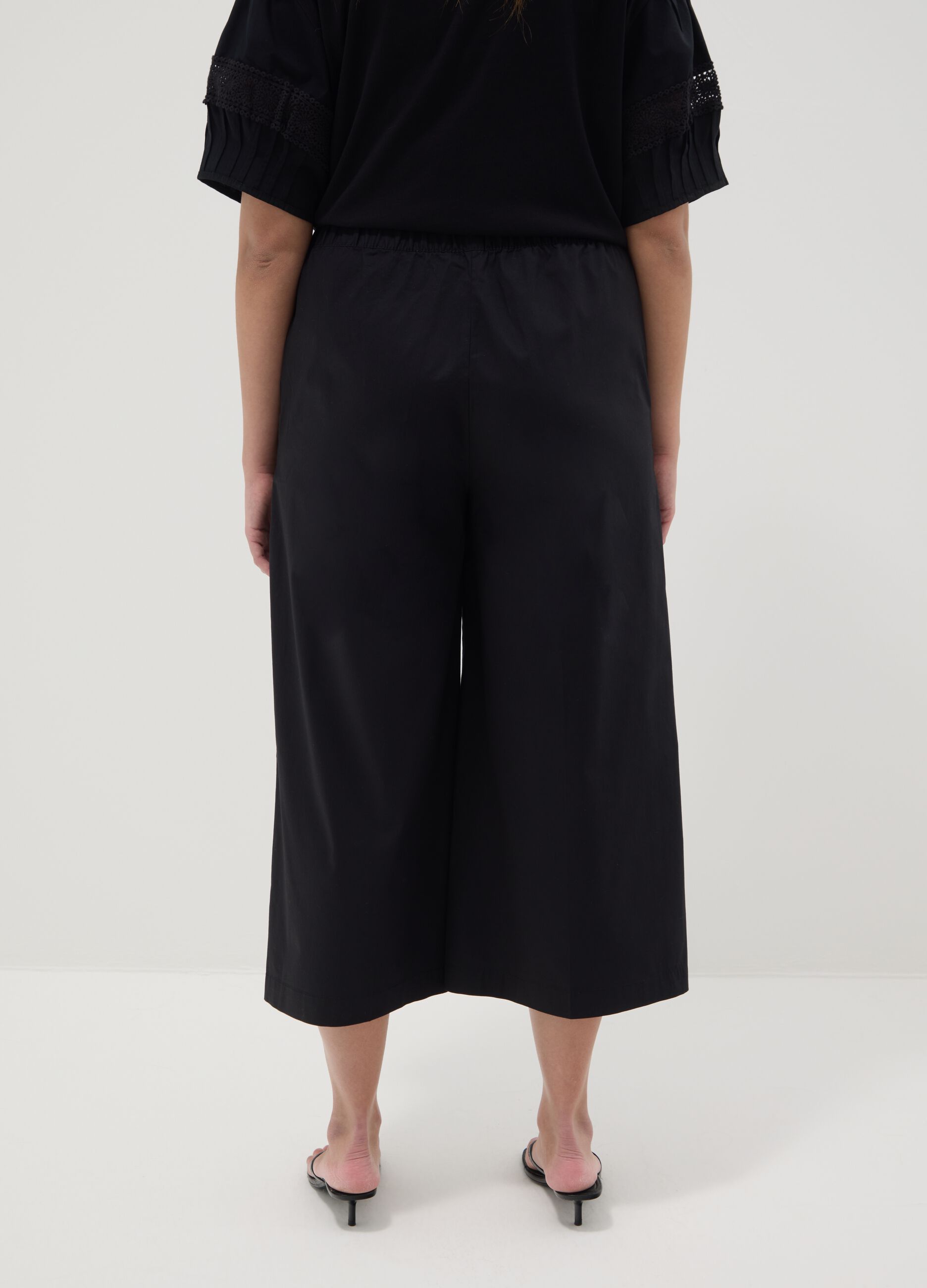 Black stretch cotton wide-leg trousers