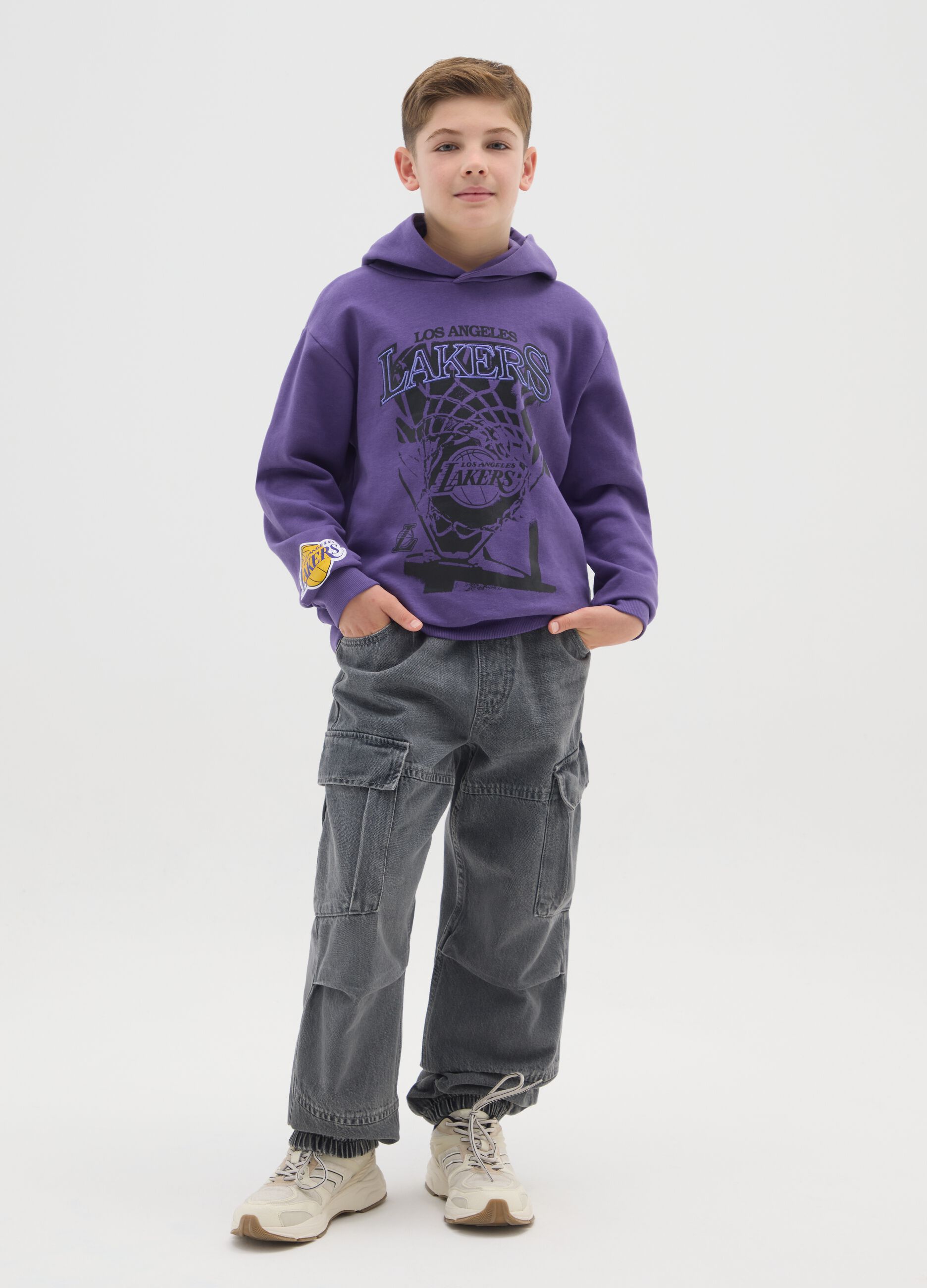Boys' Grey Denim Cargo Joggers in Pure Cotton Relaxed Fit