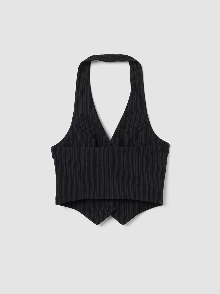 Gilet nero crop in viscosa elasticizzato a righe_1