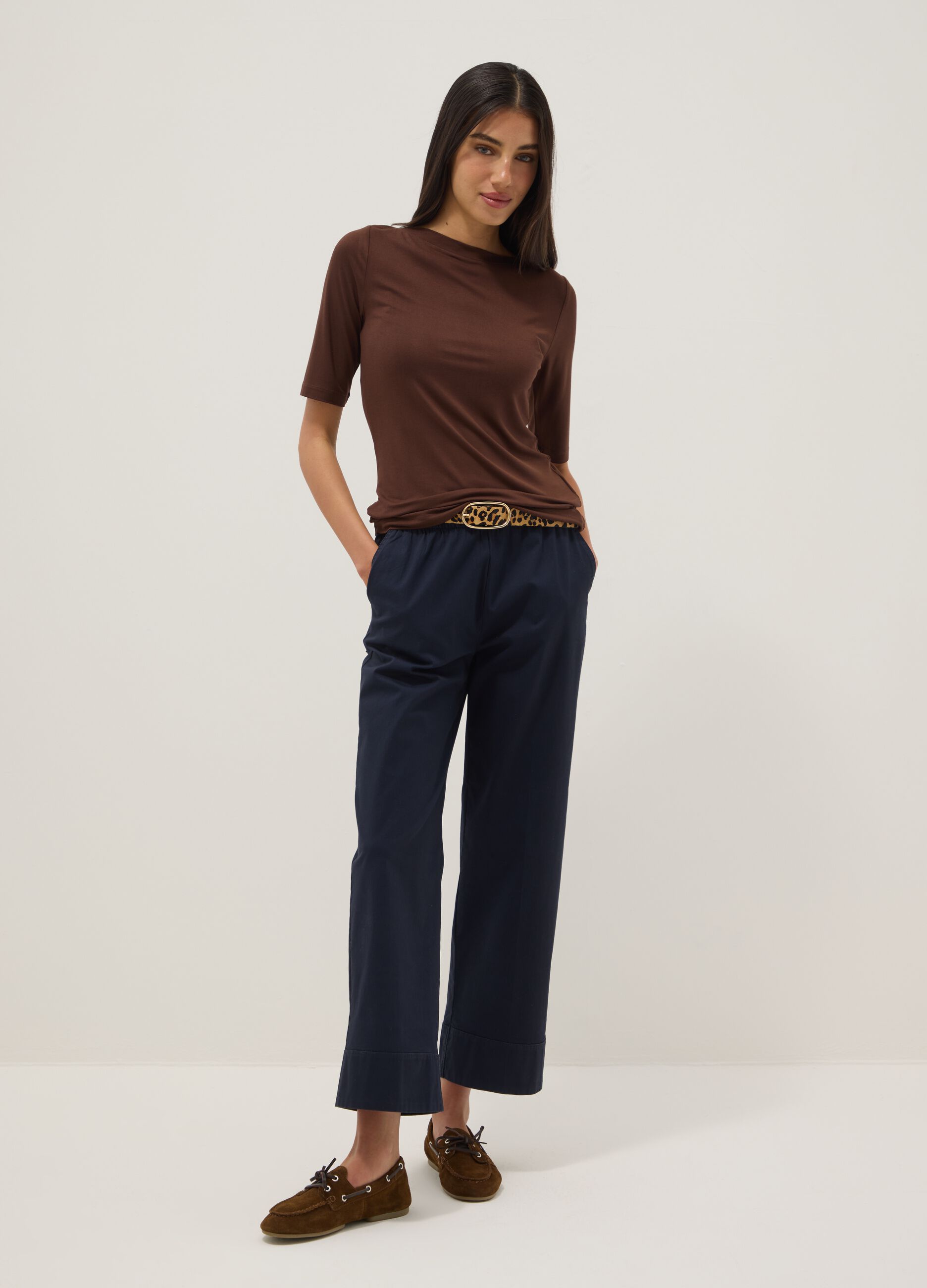 Brown stretch viscose t-shirt regular fit with boat neckline