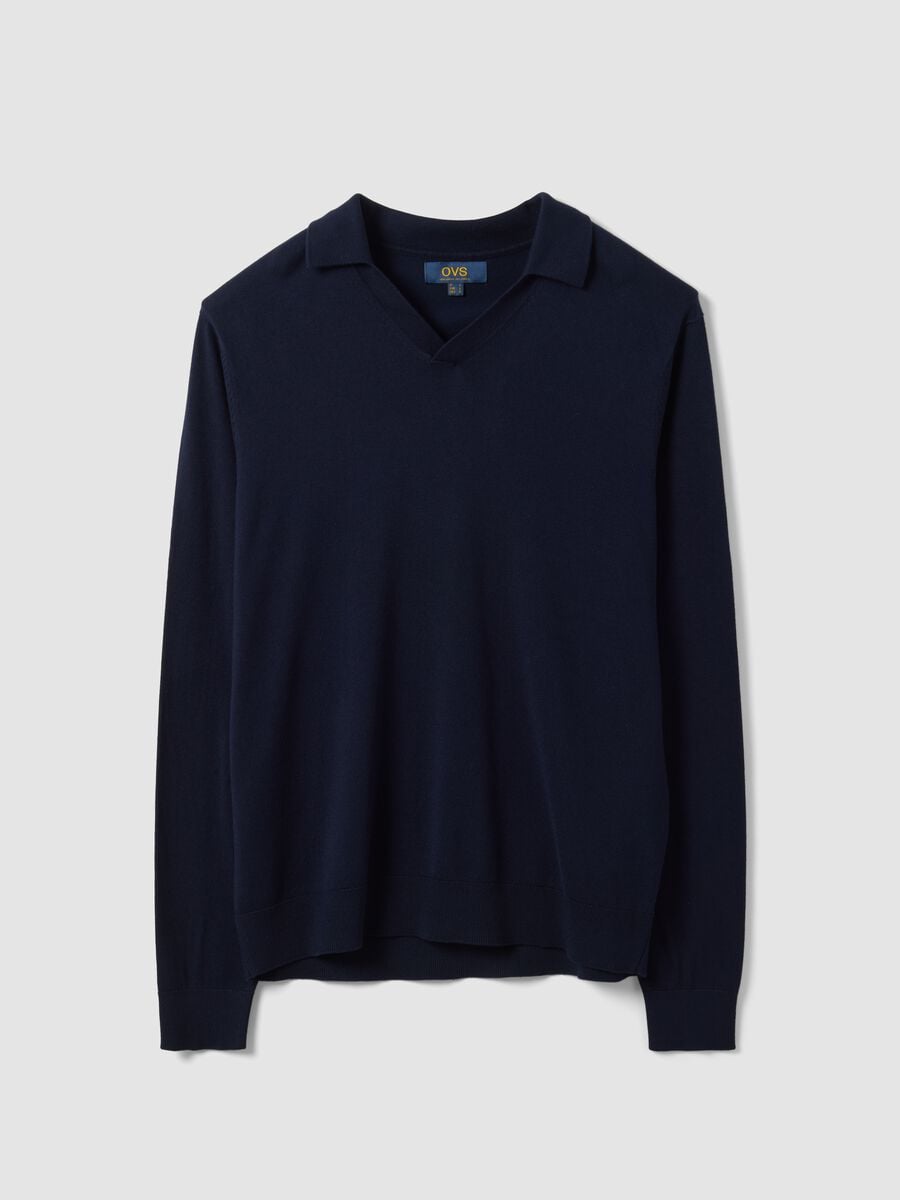 Blue viscose-blend polo with V-neck and regular collar, regular fit_0
