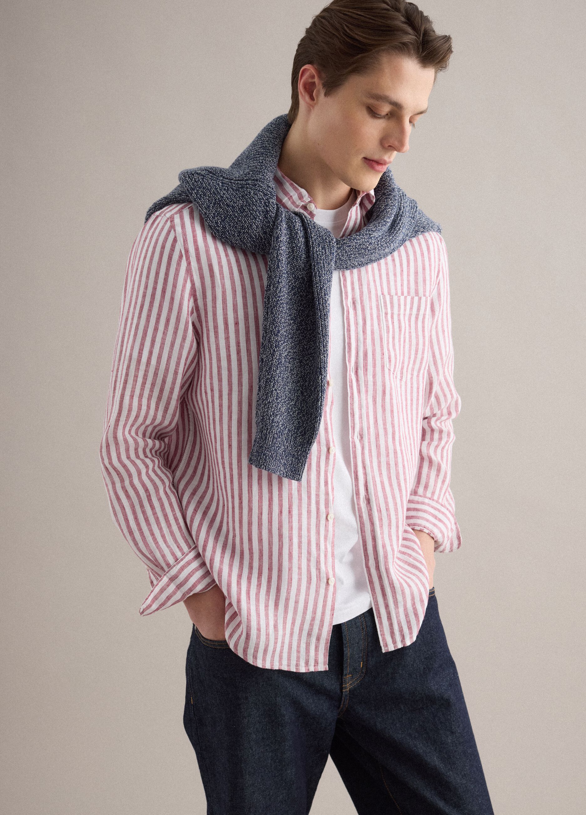 Multicolour striped pure linen shirt, regular fit