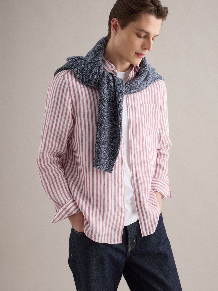 Camicia in puro lino a righe multicolor regular fit_0