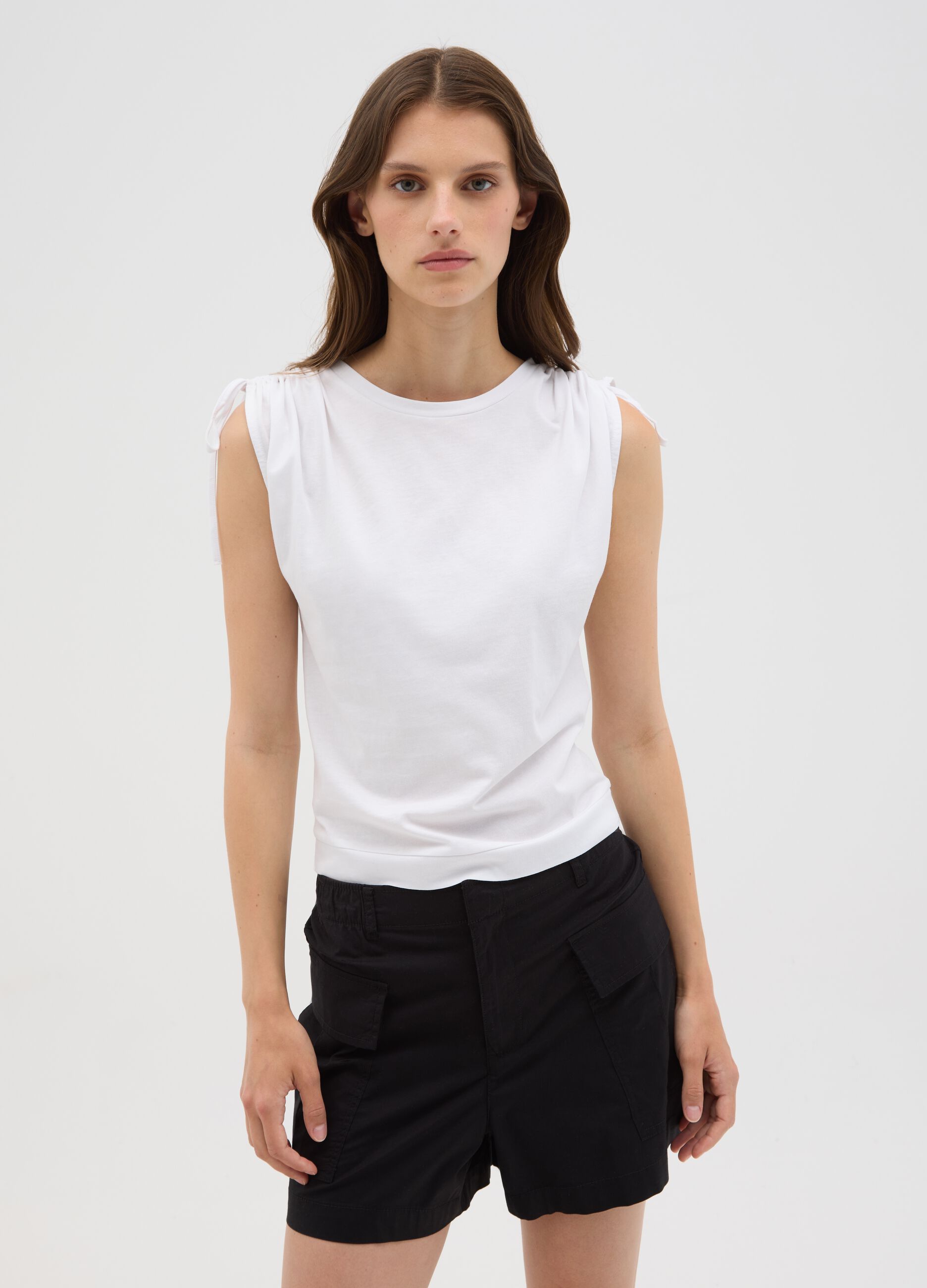 Women's white pure cotton T-shirt with regular fit and tie details