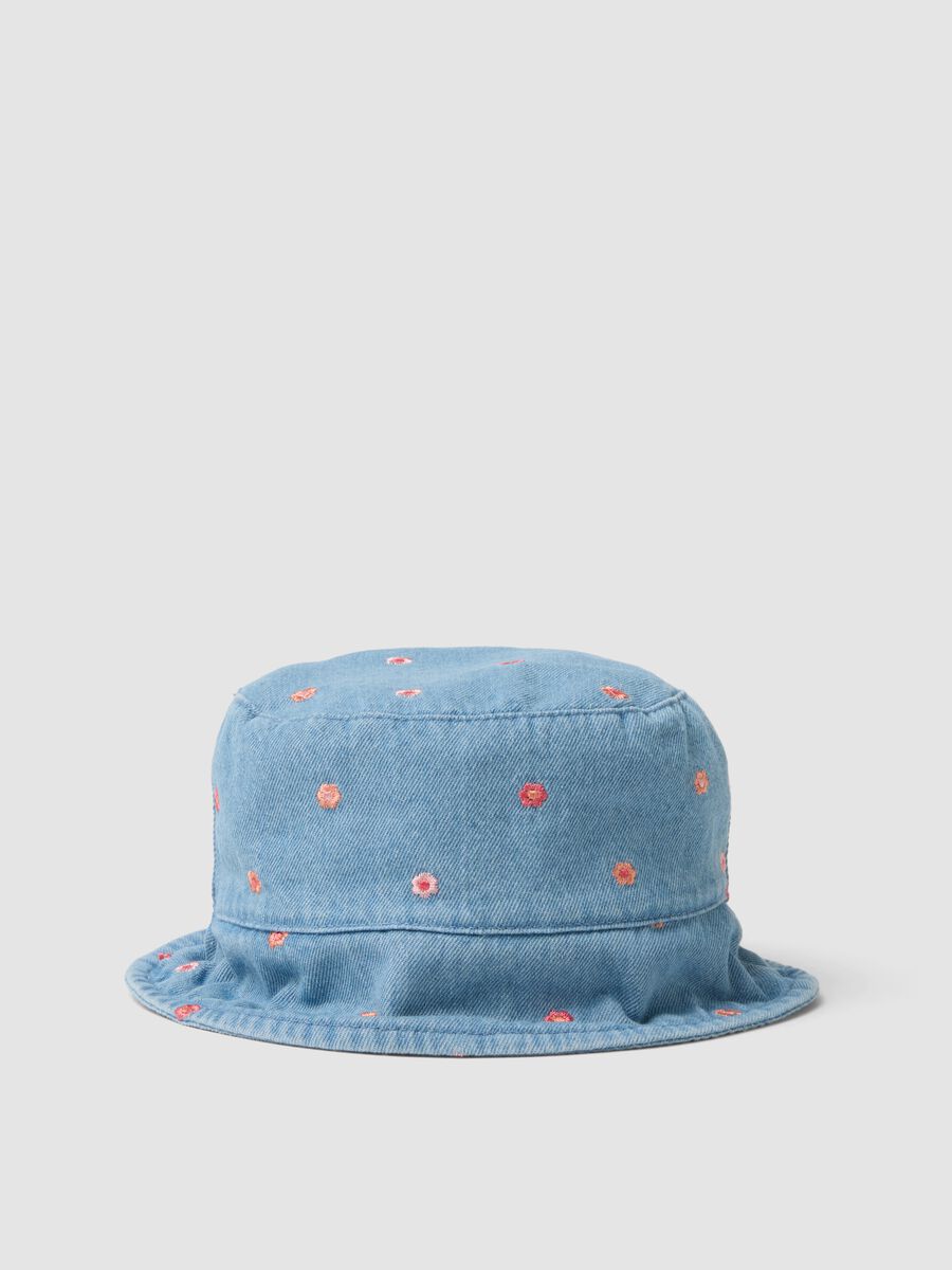 Blue denim pure cotton hat for girls with floral embroidery_0