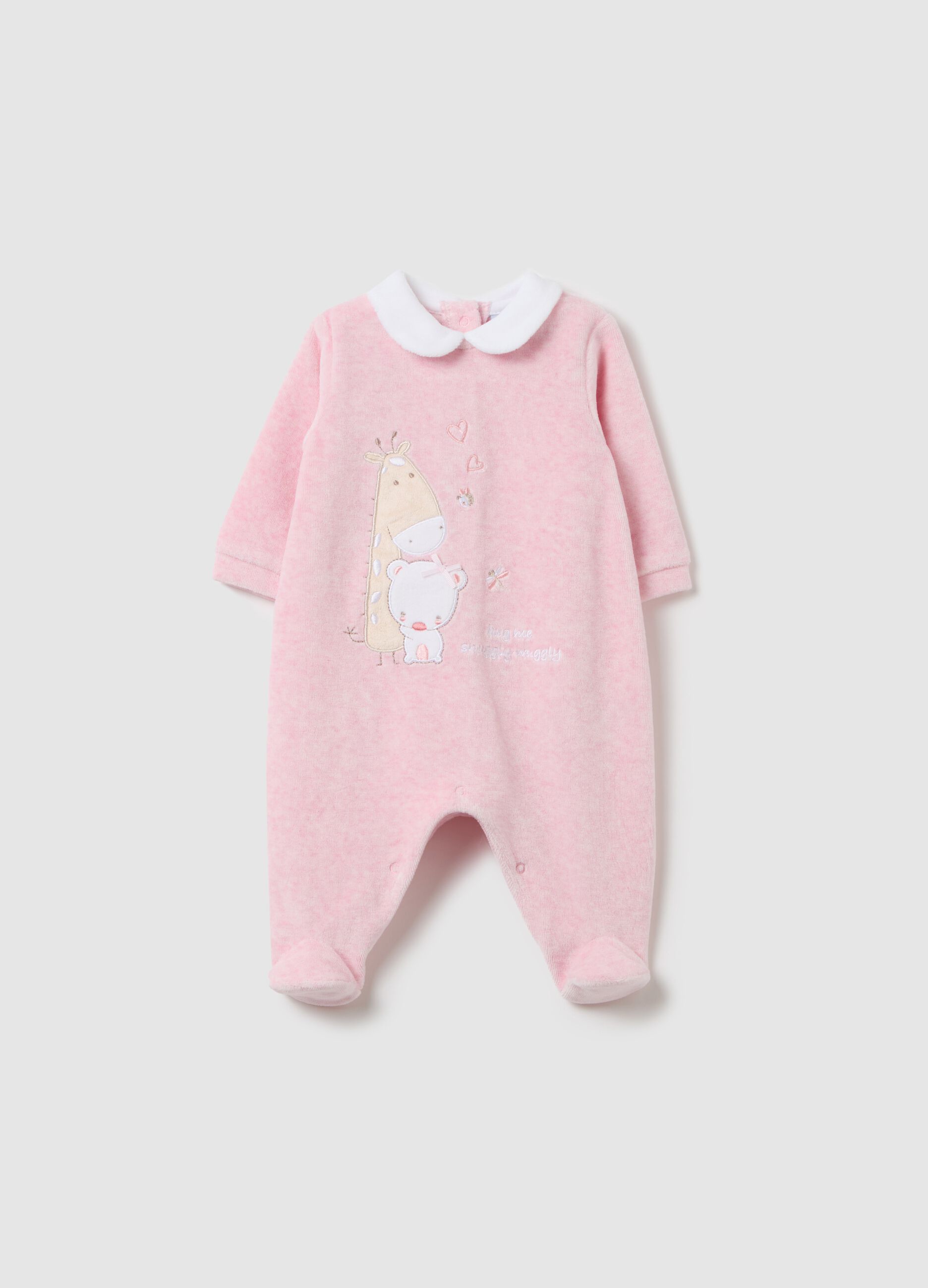 Tutina in velour con piedini e ricamo animaletti