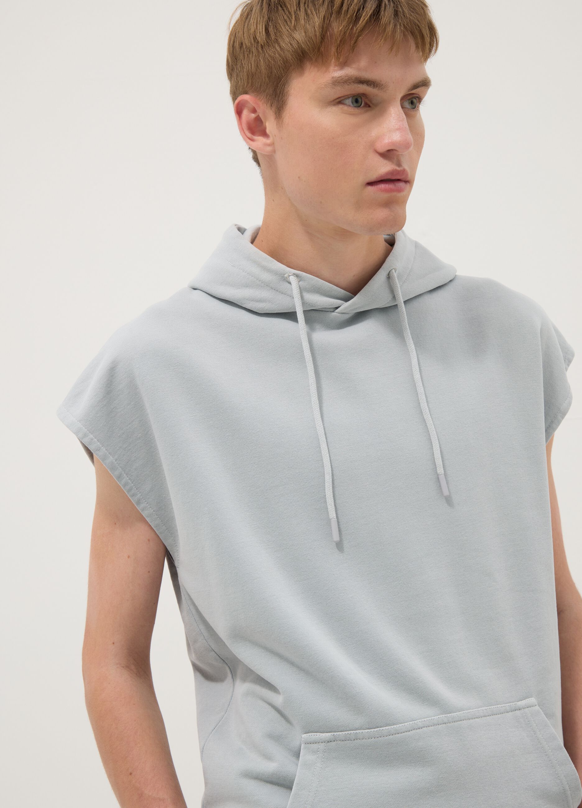 Grey cotton blend sleeveless hoodie regular fit