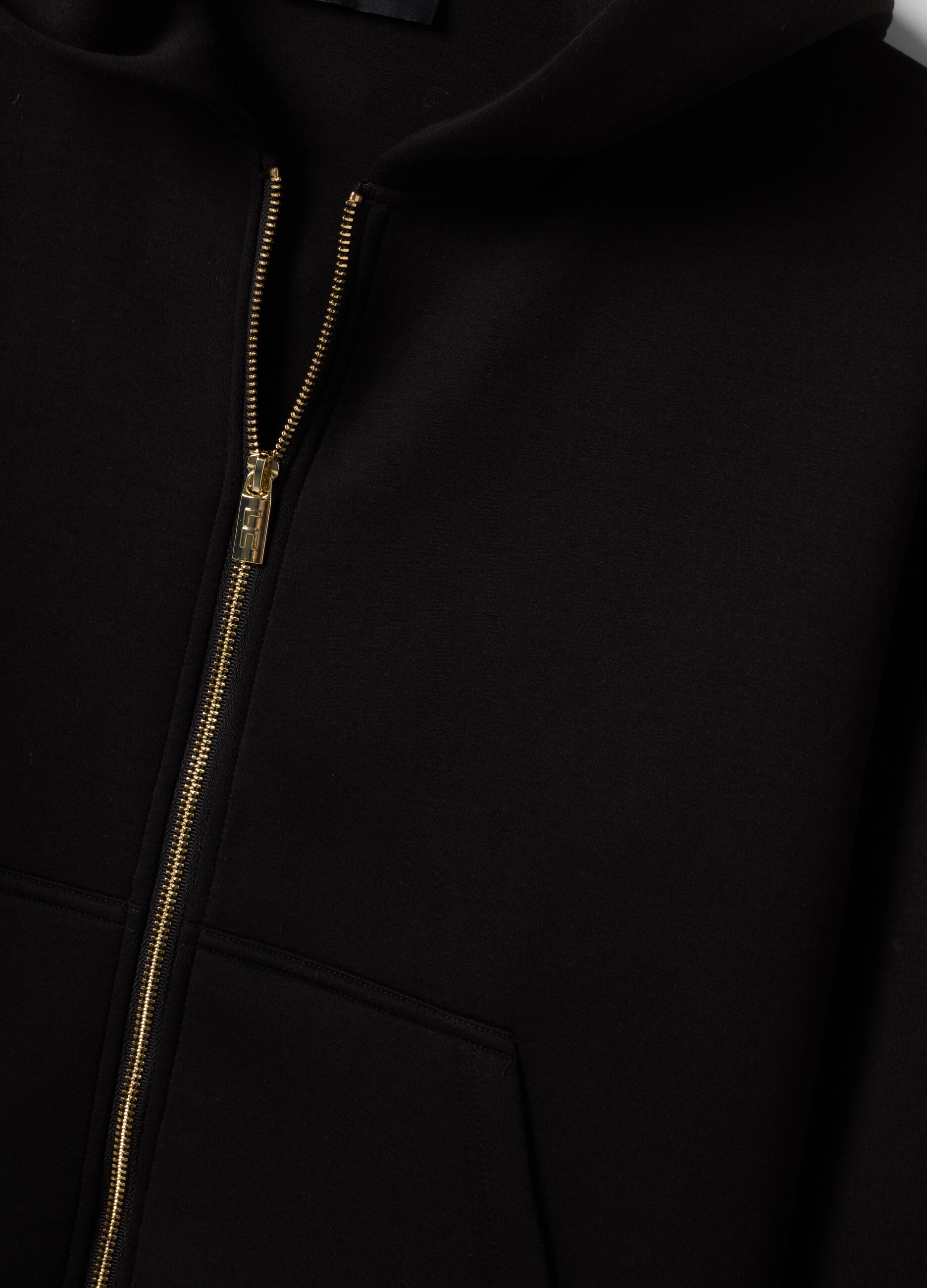 Black stretch viscose full-zip hoodie, oversized fit