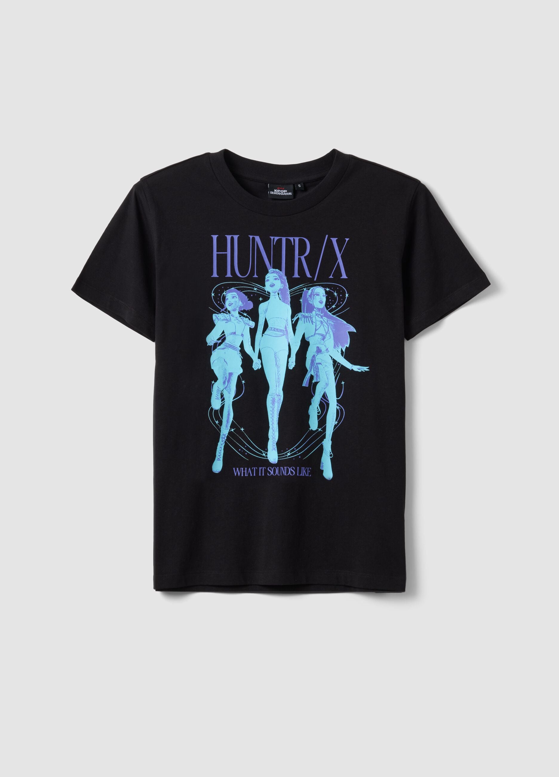 T-shirt nera in puro cotone con stampa K-Pop Demon Hunter oversize fit