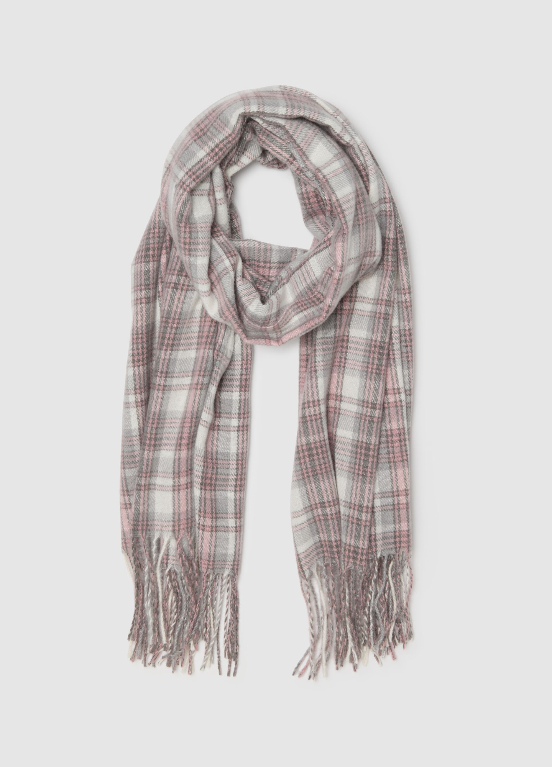 Grey Multicolour Checked Scarf with Fringes