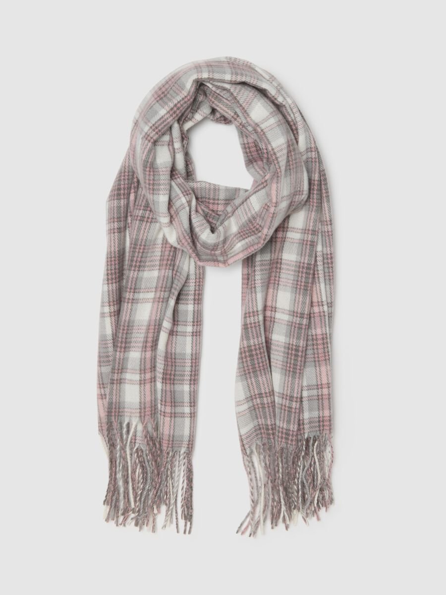 Grey Multicolour Checked Scarf with Fringes_0