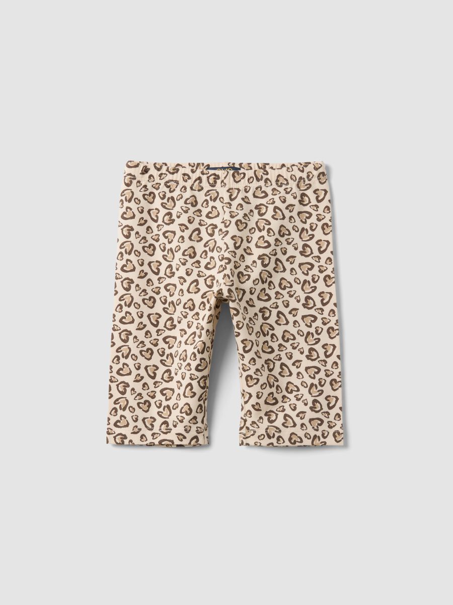 Beige organic cotton skinny cycling shorts with heart print for girls_0