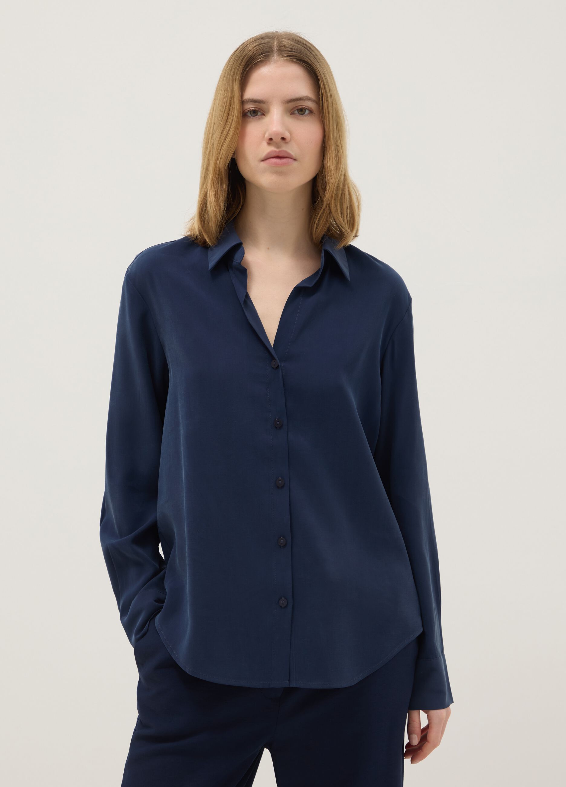 Blue Long Sleeve Shirt in Viscose Blend Regular Fit