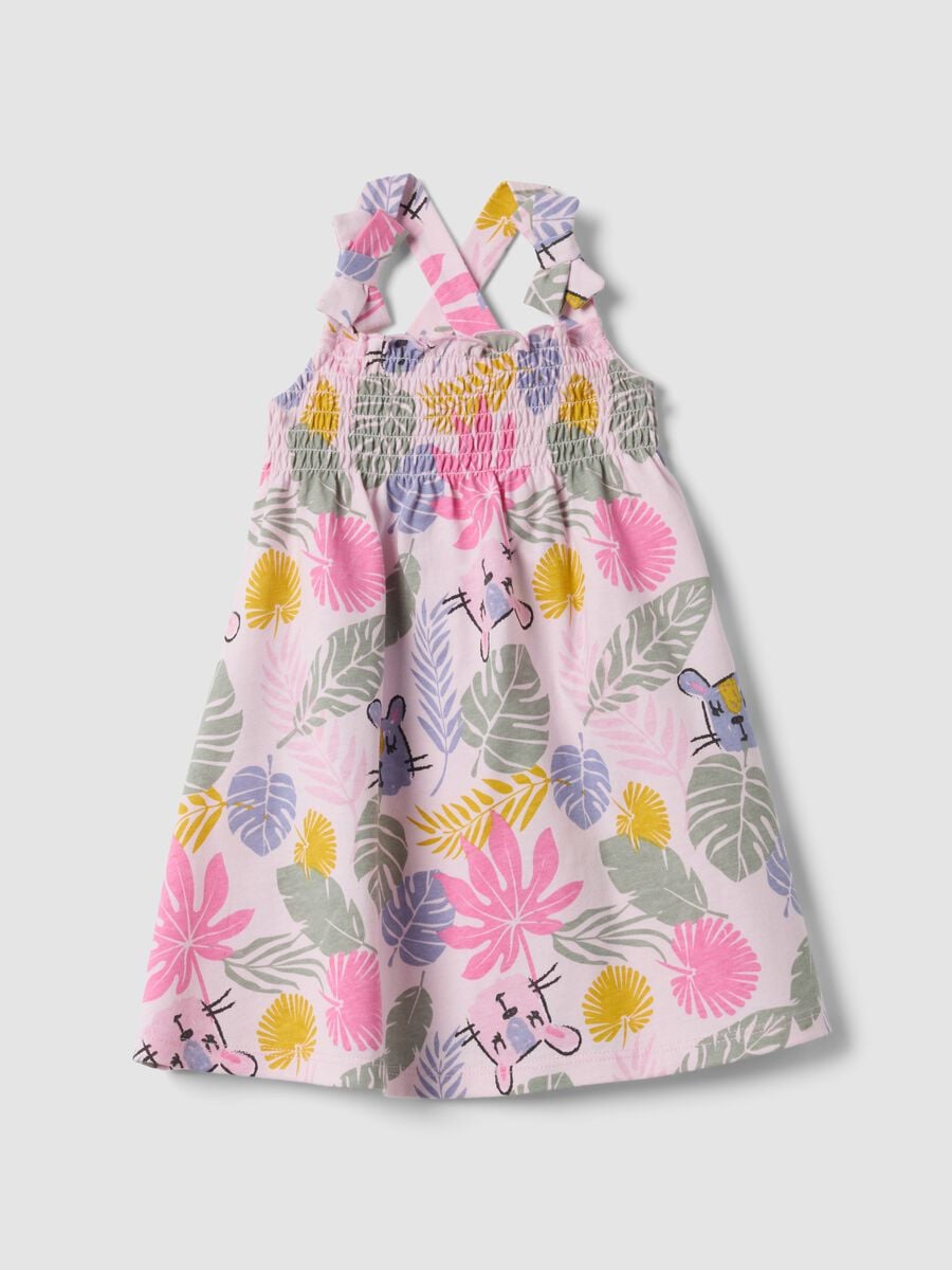Pink pure cotton dress with tropical print_0