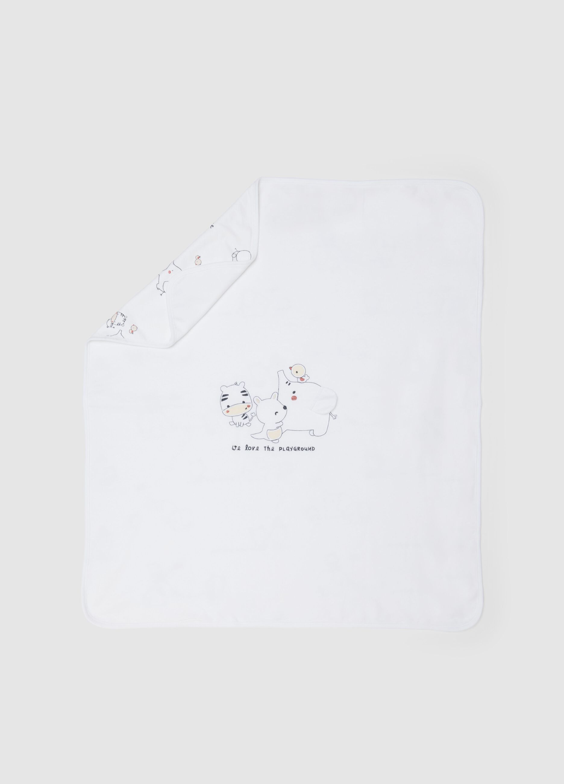 Copertina in puro cotone bianca da neonato con animali ricamati