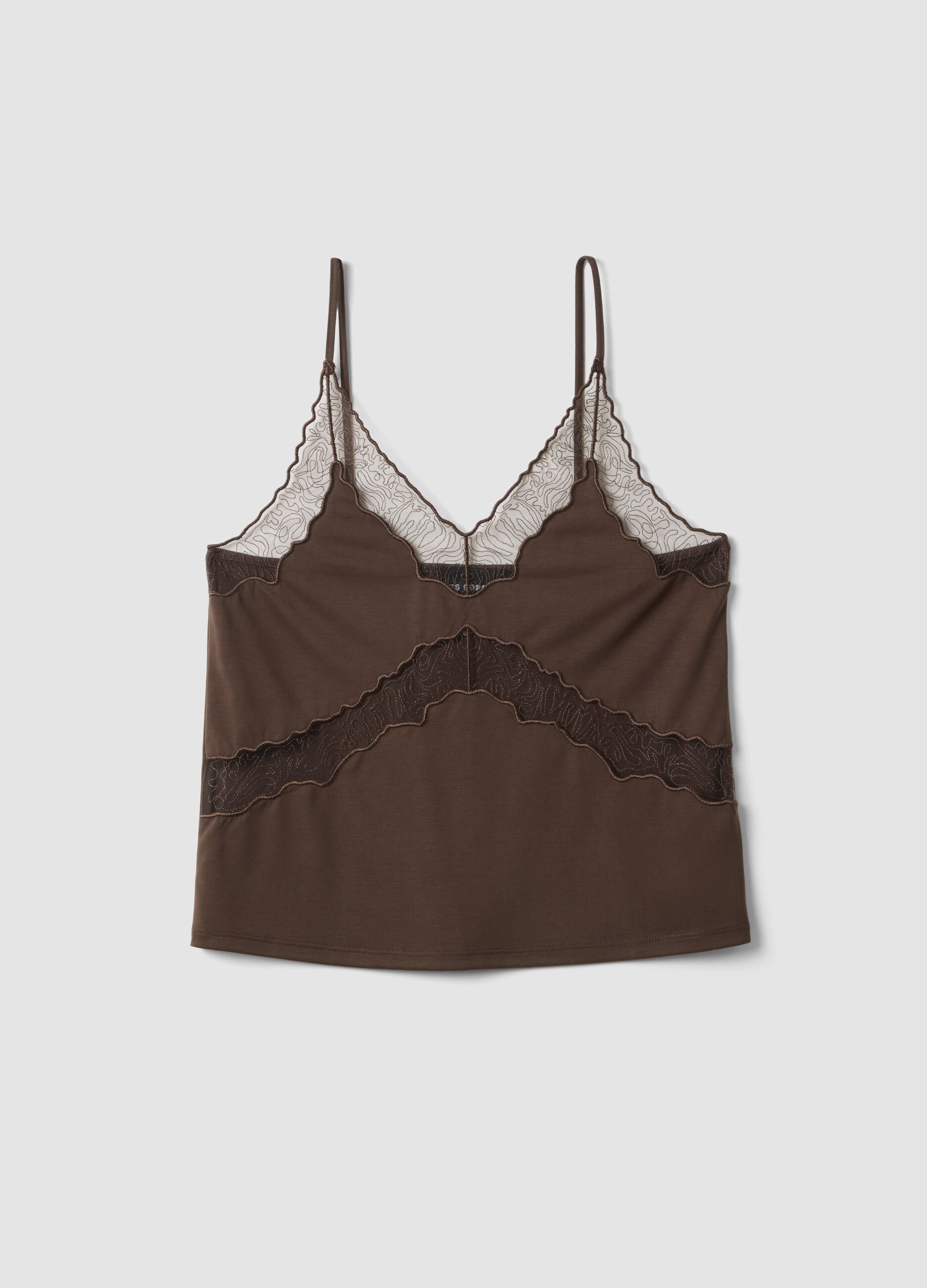Brown regular fit viscose blend tank top with transparent details