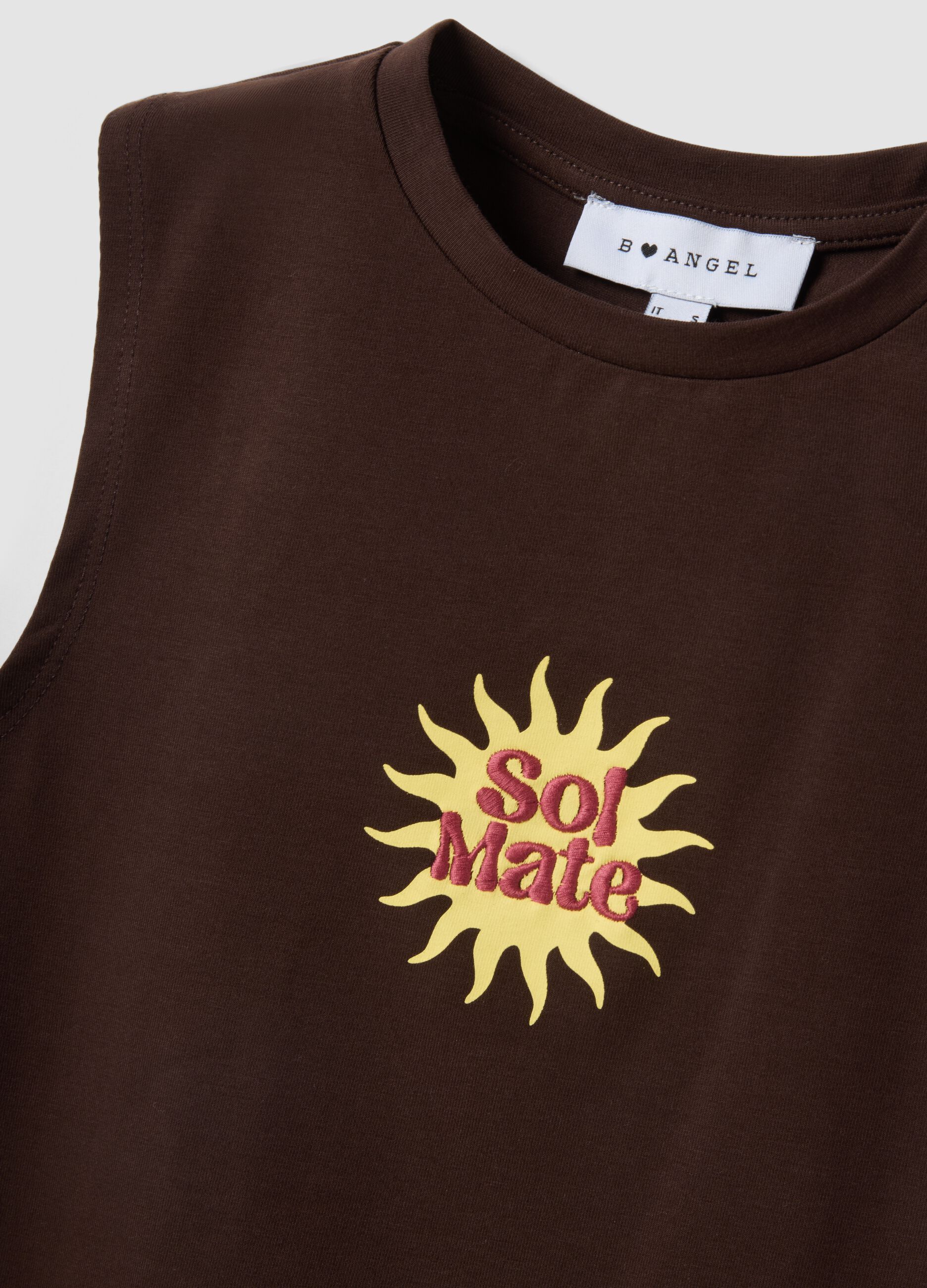 Brown stretch cotton regular-fit tank top with print
