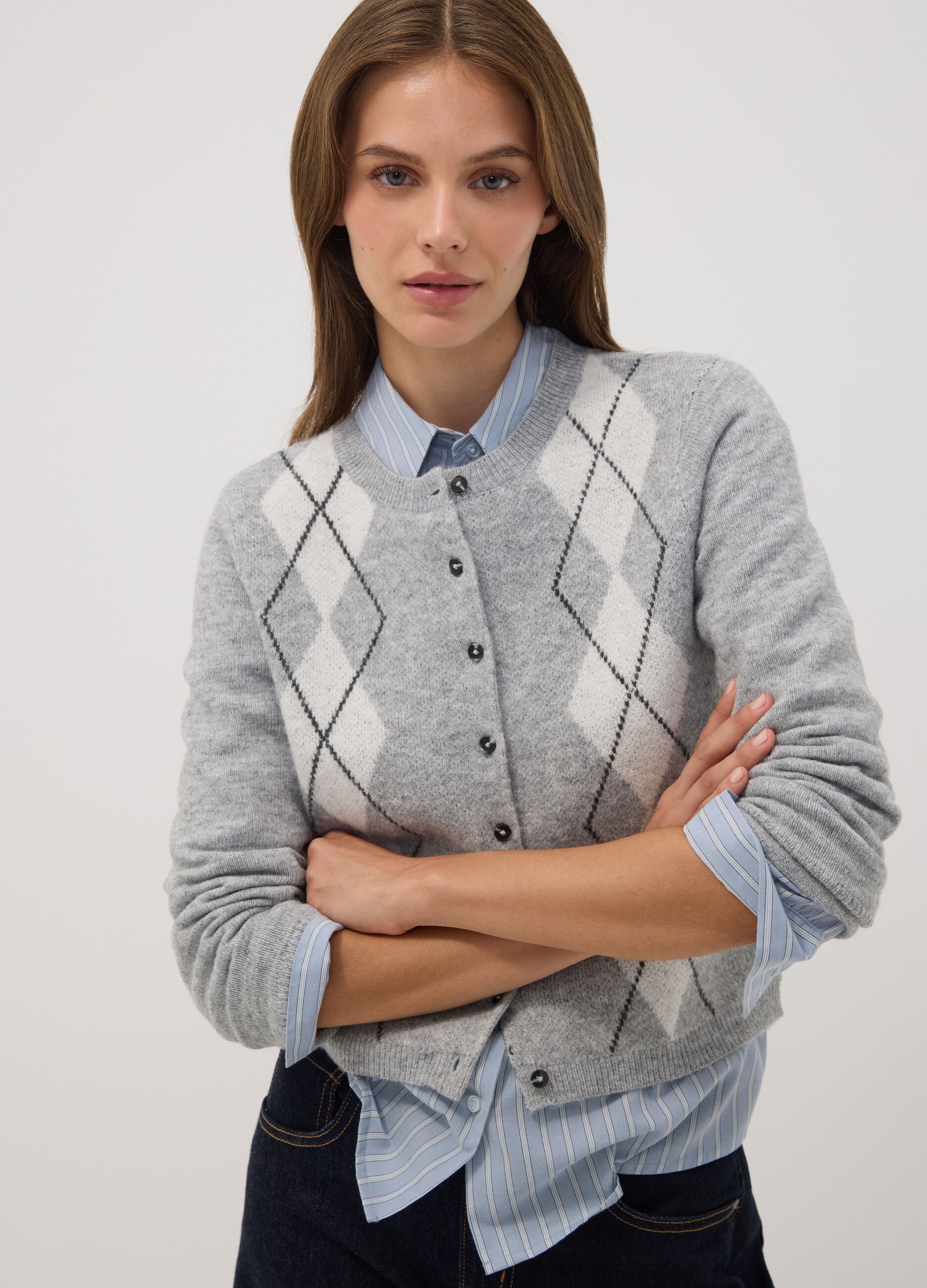 Grey jacquard stretch wool crew-neck cardigan, regular fit