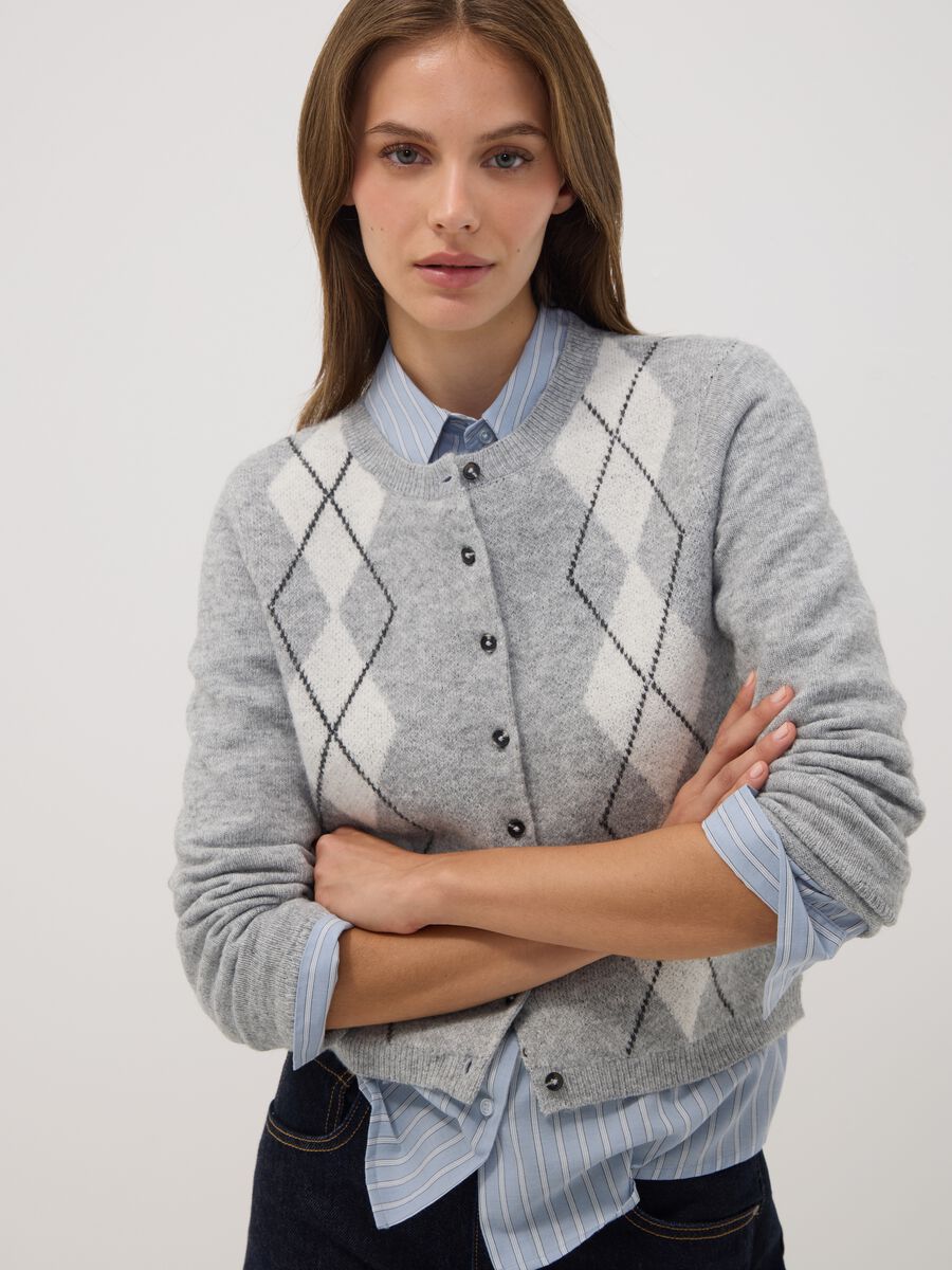 Cardigan grigio in lana elasticizzata jacquard girocollo regular fit_0