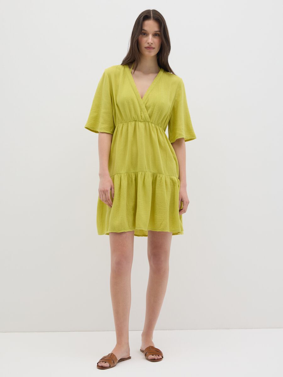Short green pure cotton women's dress_1