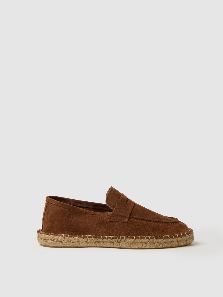 Brown genuine leather loafers with rope sole_0