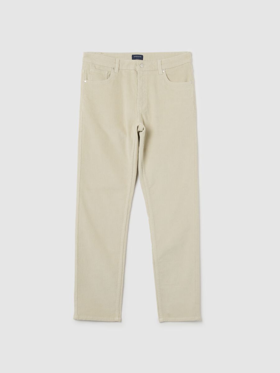 Beige slim fit stretch cotton ribbed trousers_4
